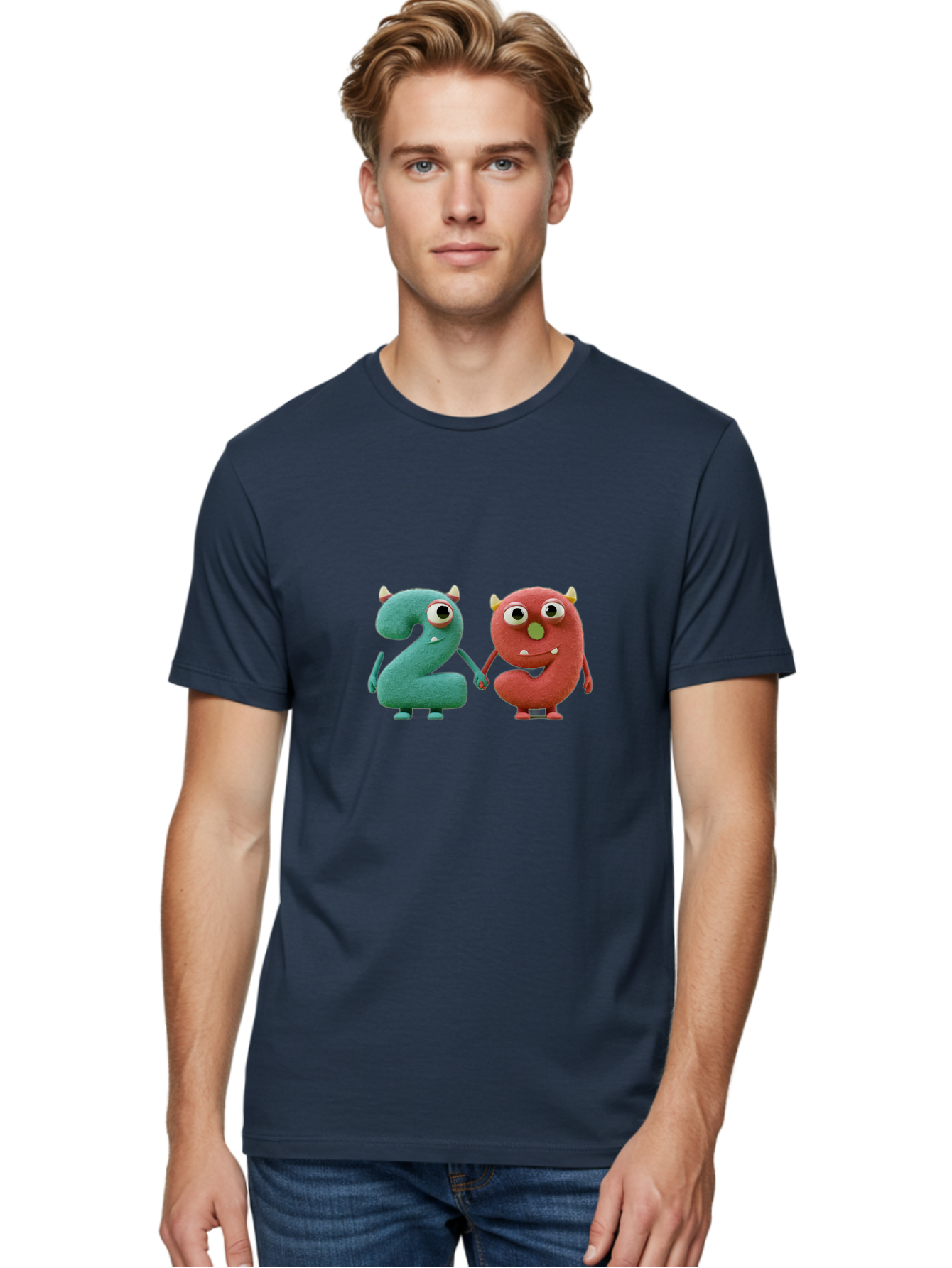 2-Monsters Men'S Graphic Tee, 100% Cotton, Comfortable Casual Summer Wear, Machine Washable, Monster Numbers, Cute Creatures, Colorful Characters, Playful Design, Funny Eyes, Holding Hands, Learning Numbers, Kid'S Education, Cartoon Style, Bab610