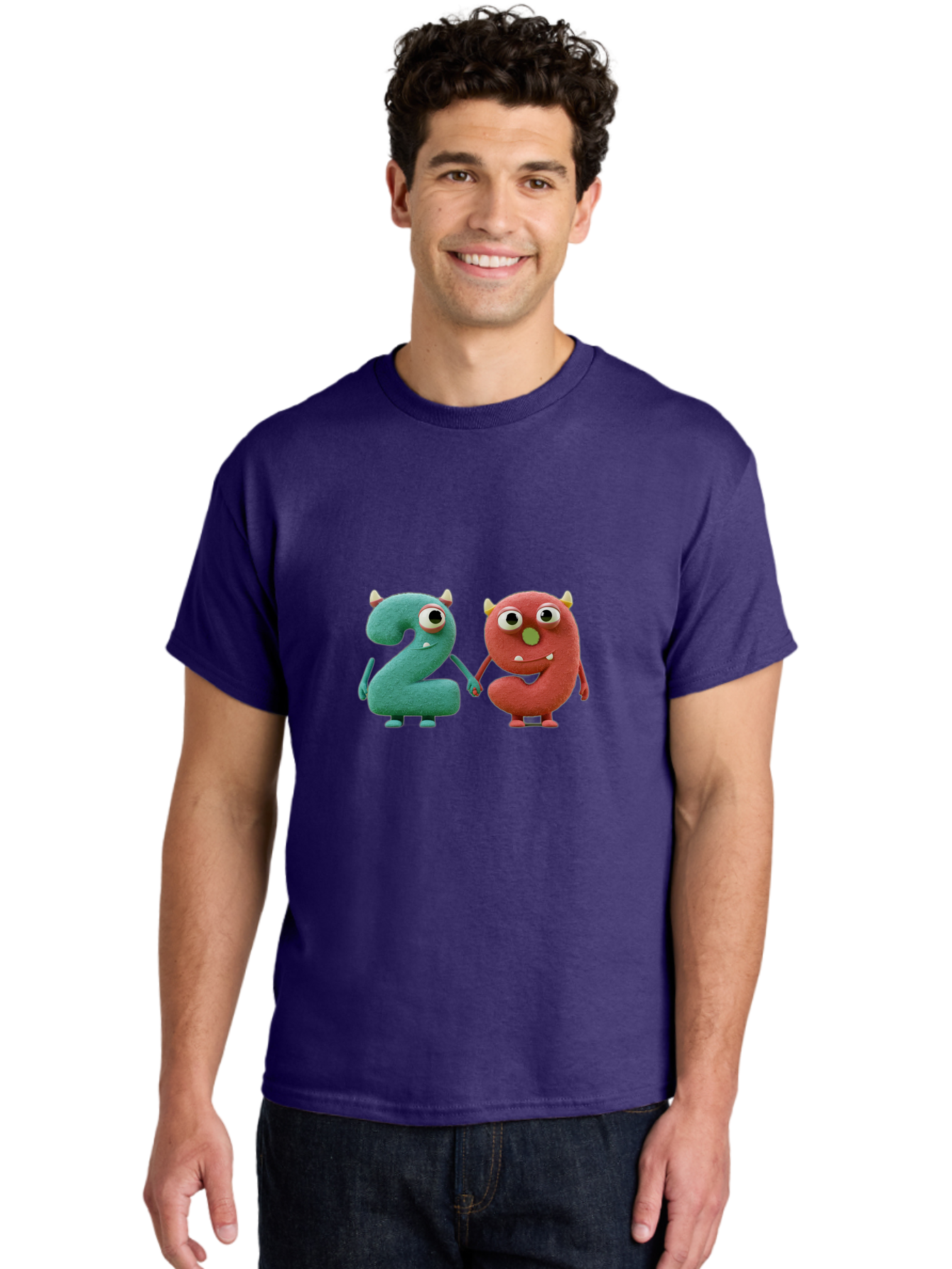 2-Monsters Men'S Graphic Tee, 100% Cotton, Comfortable Casual Summer Wear, Machine Washable, Monster Numbers, Cute Creatures, Colorful Characters, Playful Design, Funny Eyes, Holding Hands, Learning Numbers, Kid'S Education, Cartoon Style, Bab610