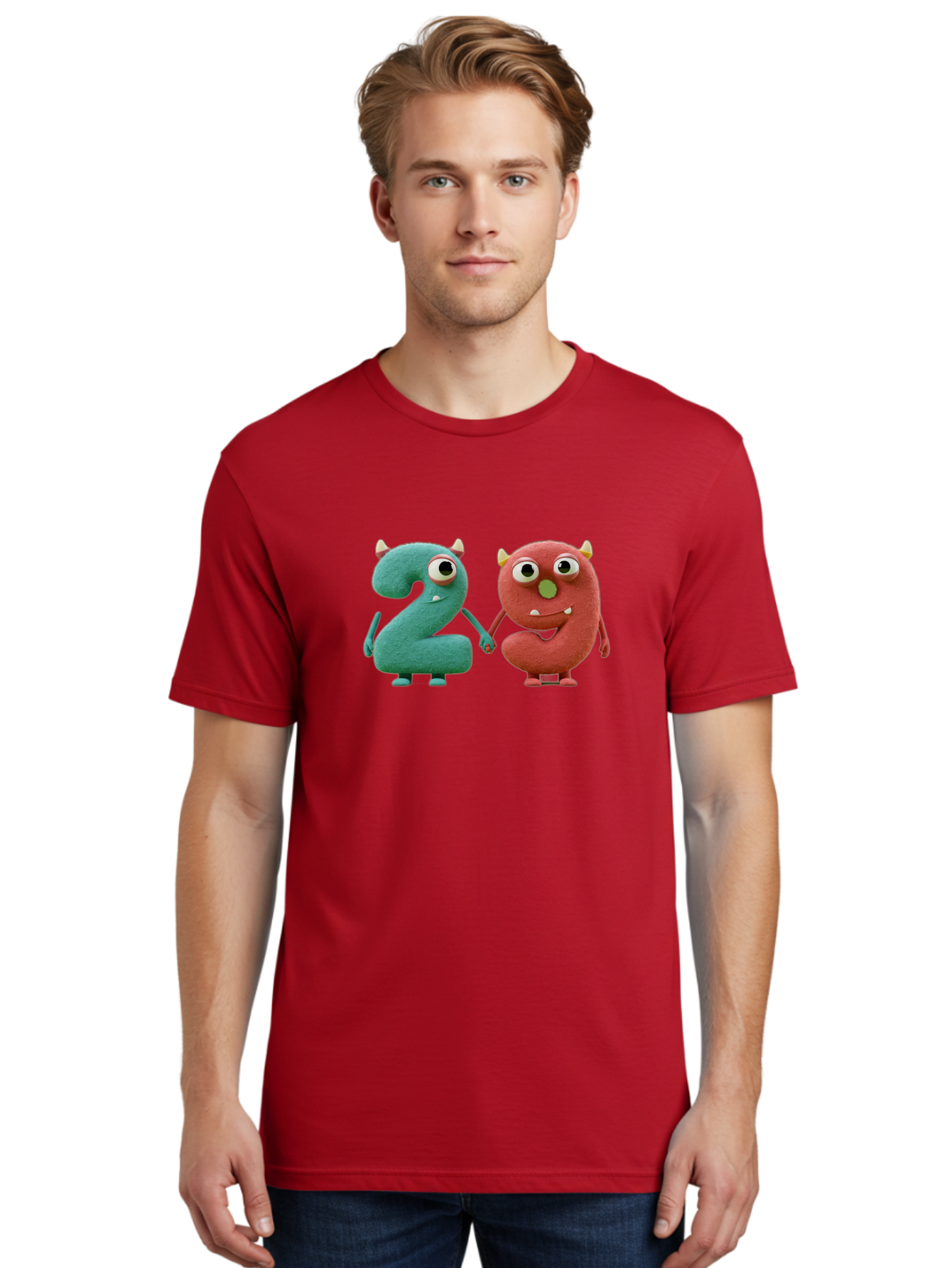 2-Monsters Men'S Graphic Tee, 100% Cotton, Comfortable Casual Summer Wear, Machine Washable, Monster Numbers, Cute Creatures, Colorful Characters, Playful Design, Funny Eyes, Holding Hands, Learning Numbers, Kid'S Education, Cartoon Style, Bab610