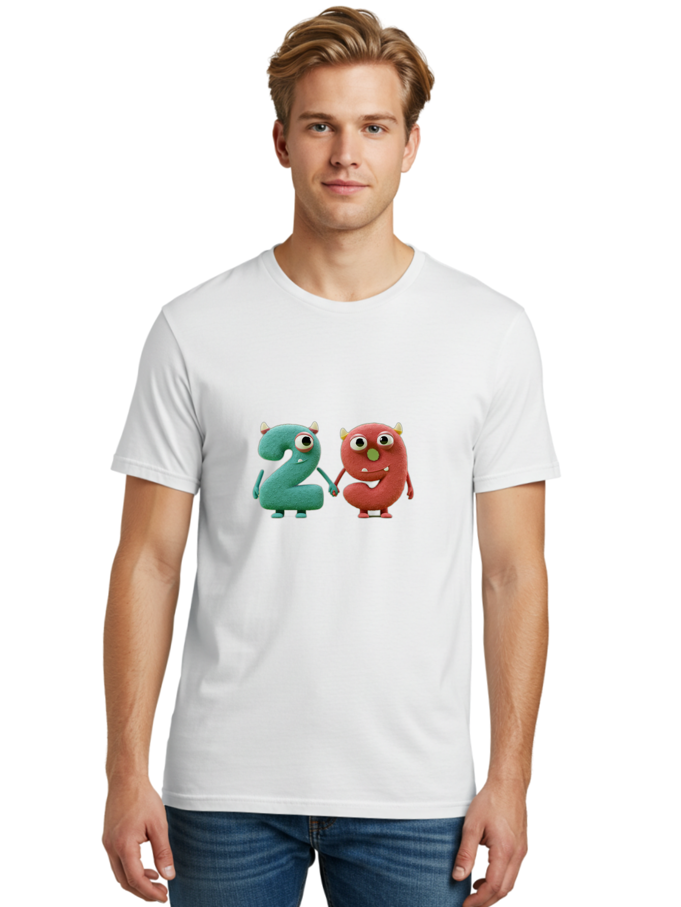 2-Monsters Men'S Graphic Tee, 100% Cotton, Comfortable Casual Summer Wear, Machine Washable, Monster Numbers, Cute Creatures, Colorful Characters, Playful Design, Funny Eyes, Holding Hands, Learning Numbers, Kid'S Education, Cartoon Style, Bab610