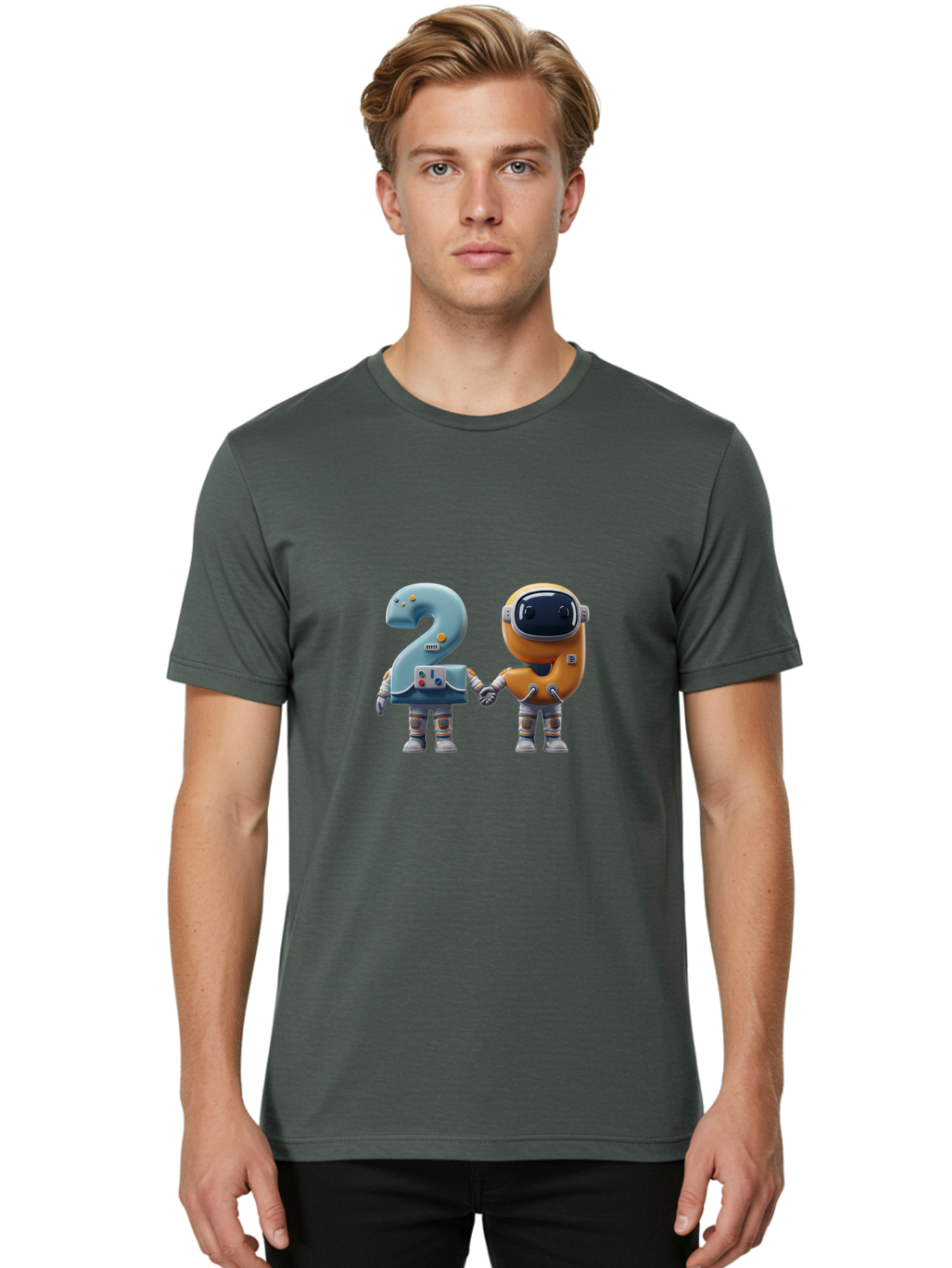 2-Robots Men'S Graphic Tee, 100% Cotton, Comfortable Casual Summer Wear, Machine Washable, 3D Rendered Robots, Robot Holding Number 2, Futuristic Design, Robotic Figures, Hand In Hand Robots, Orange And Blue Robots, Space Age, Robotics, Bab611
