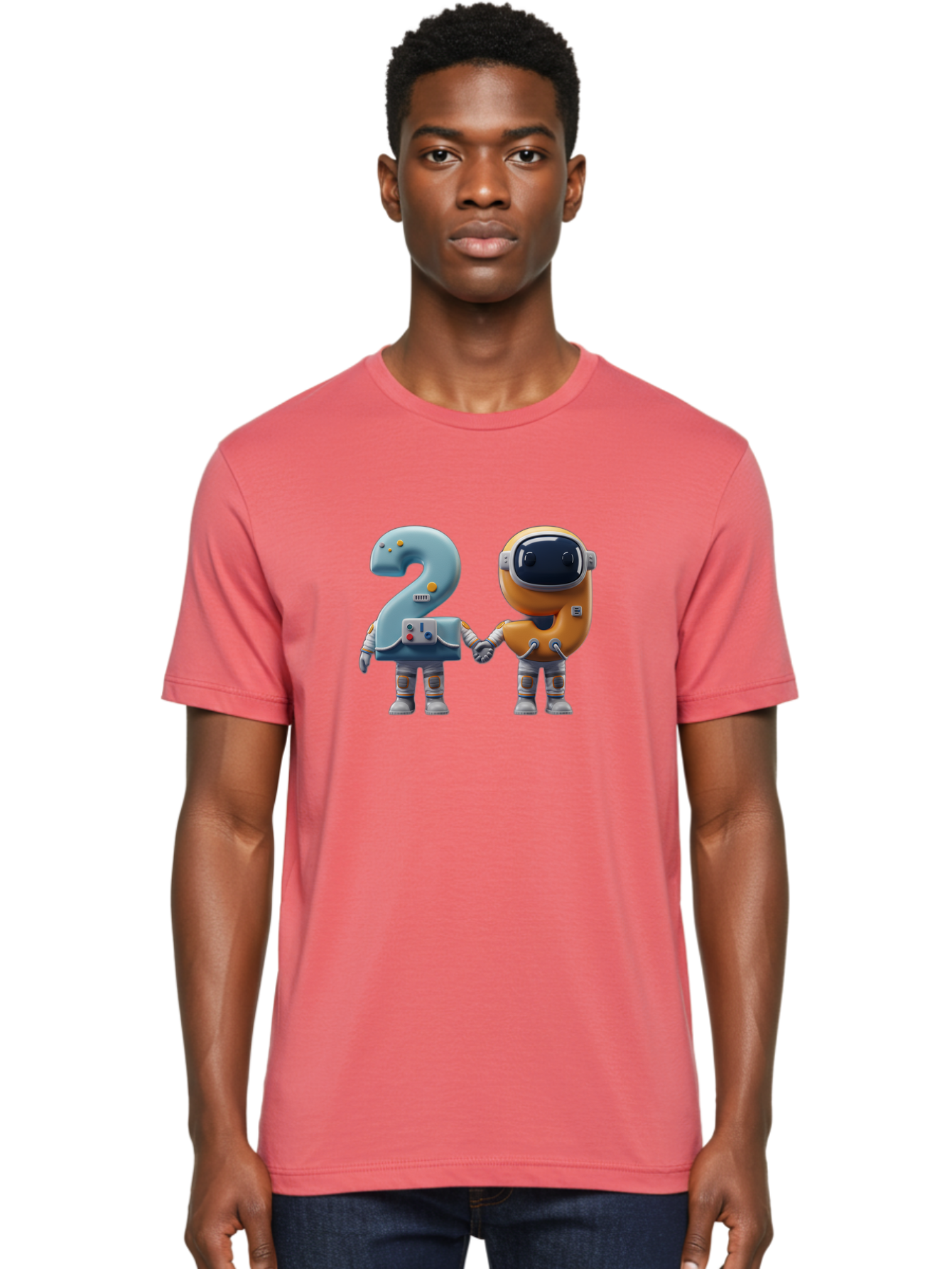 2-Robots Men'S Graphic Tee, 100% Cotton, Comfortable Casual Summer Wear, Machine Washable, 3D Rendered Robots, Robot Holding Number 2, Futuristic Design, Robotic Figures, Hand In Hand Robots, Orange And Blue Robots, Space Age, Robotics, Bab611