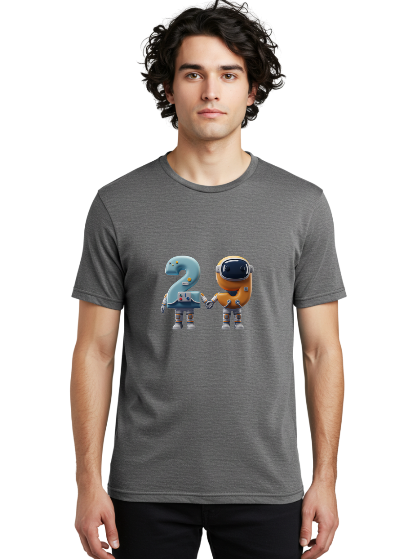 2-Robots Men'S Graphic Tee, 100% Cotton, Comfortable Casual Summer Wear, Machine Washable, 3D Rendered Robots, Robot Holding Number 2, Futuristic Design, Robotic Figures, Hand In Hand Robots, Orange And Blue Robots, Space Age, Robotics, Bab611