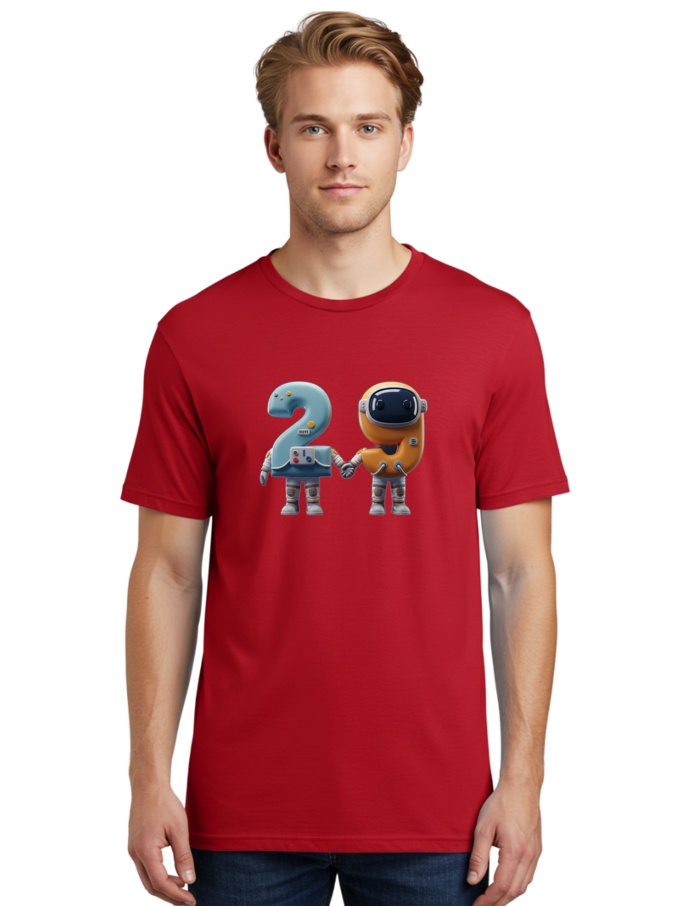 2-Robots Men'S Graphic Tee, 100% Cotton, Comfortable Casual Summer Wear, Machine Washable, 3D Rendered Robots, Robot Holding Number 2, Futuristic Design, Robotic Figures, Hand In Hand Robots, Orange And Blue Robots, Space Age, Robotics, Bab611