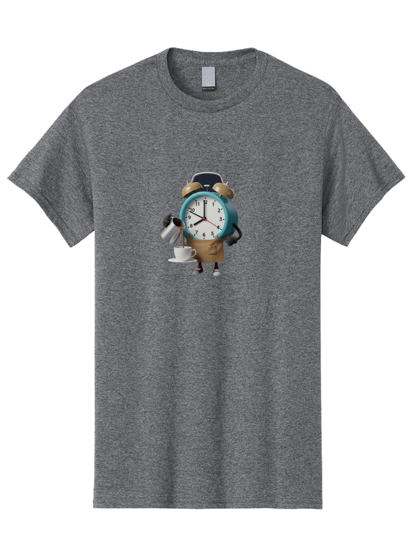 Alarm-Clock-Character Men'S Graphic Tee, 100% Cotton, Comfortable Casual Summer Wear, Machine Washable, Alarm Clock Character, Morning Coffee, Daily Routine, Time Management, Coffee Break, Cartoon Style, Clock Face, Coffee Cup, Saucer, Bab617