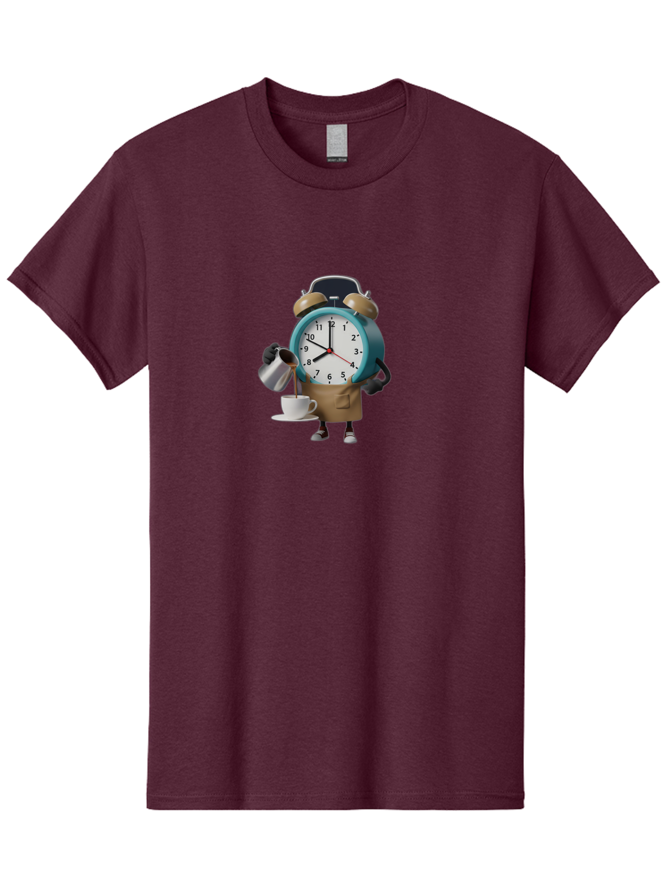 Alarm-Clock-Character Men'S Graphic Tee, 100% Cotton, Comfortable Casual Summer Wear, Machine Washable, Alarm Clock Character, Morning Coffee, Daily Routine, Time Management, Coffee Break, Cartoon Style, Clock Face, Coffee Cup, Saucer, Bab617