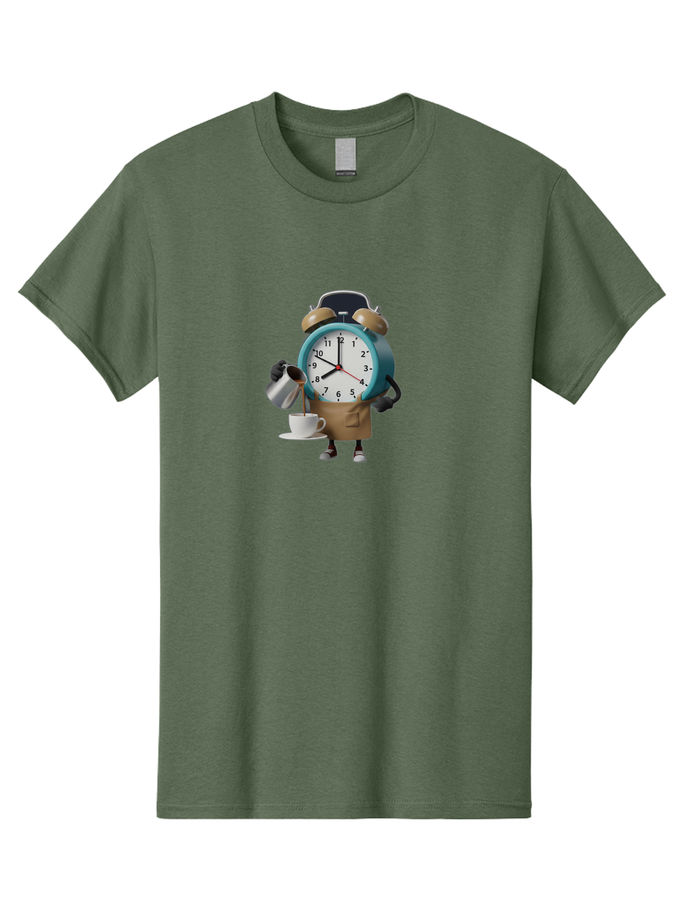 Alarm-Clock-Character Men'S Graphic Tee, 100% Cotton, Comfortable Casual Summer Wear, Machine Washable, Alarm Clock Character, Morning Coffee, Daily Routine, Time Management, Coffee Break, Cartoon Style, Clock Face, Coffee Cup, Saucer, Bab617