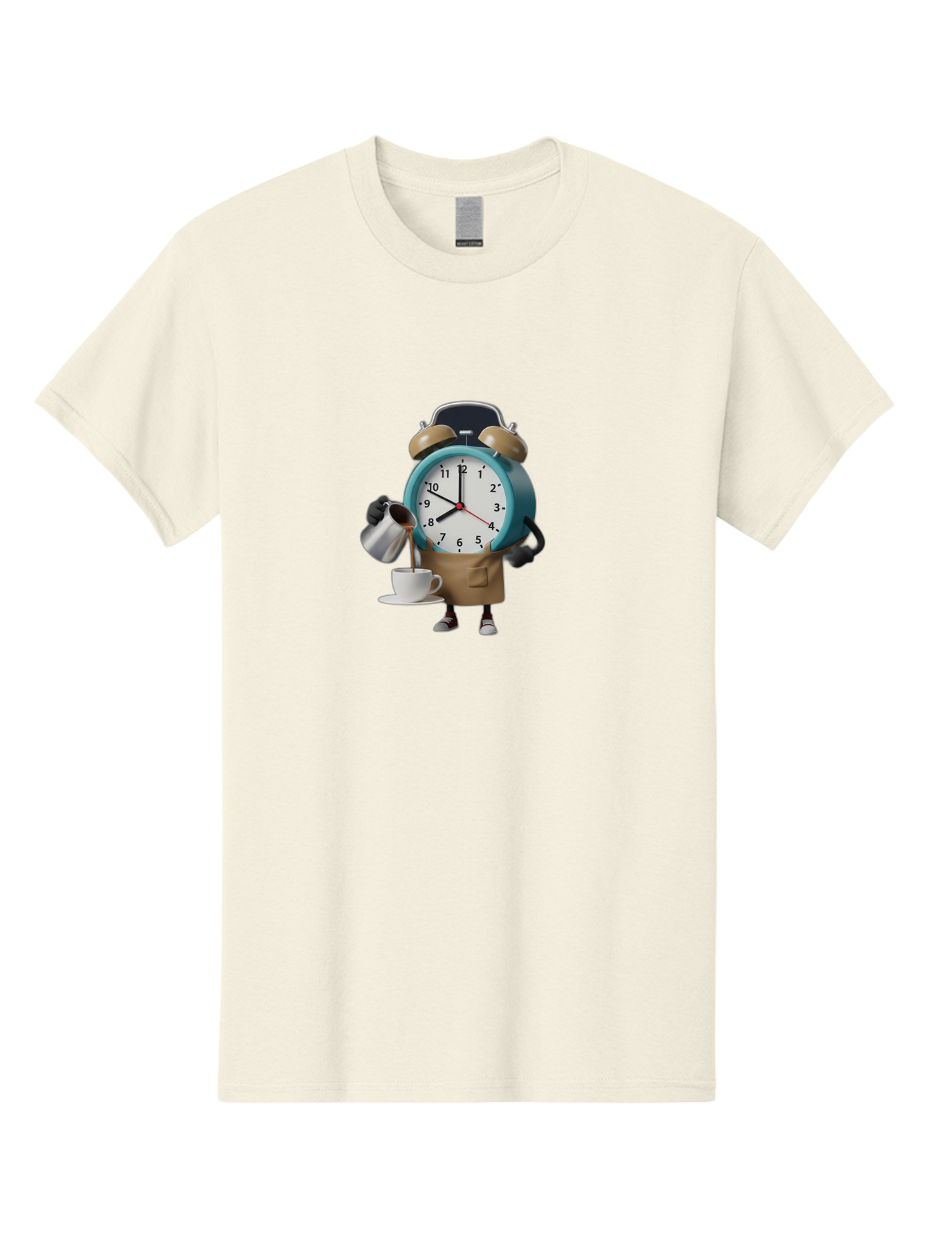 Alarm-Clock-Character Men'S Graphic Tee, 100% Cotton, Comfortable Casual Summer Wear, Machine Washable, Alarm Clock Character, Morning Coffee, Daily Routine, Time Management, Coffee Break, Cartoon Style, Clock Face, Coffee Cup, Saucer, Bab617