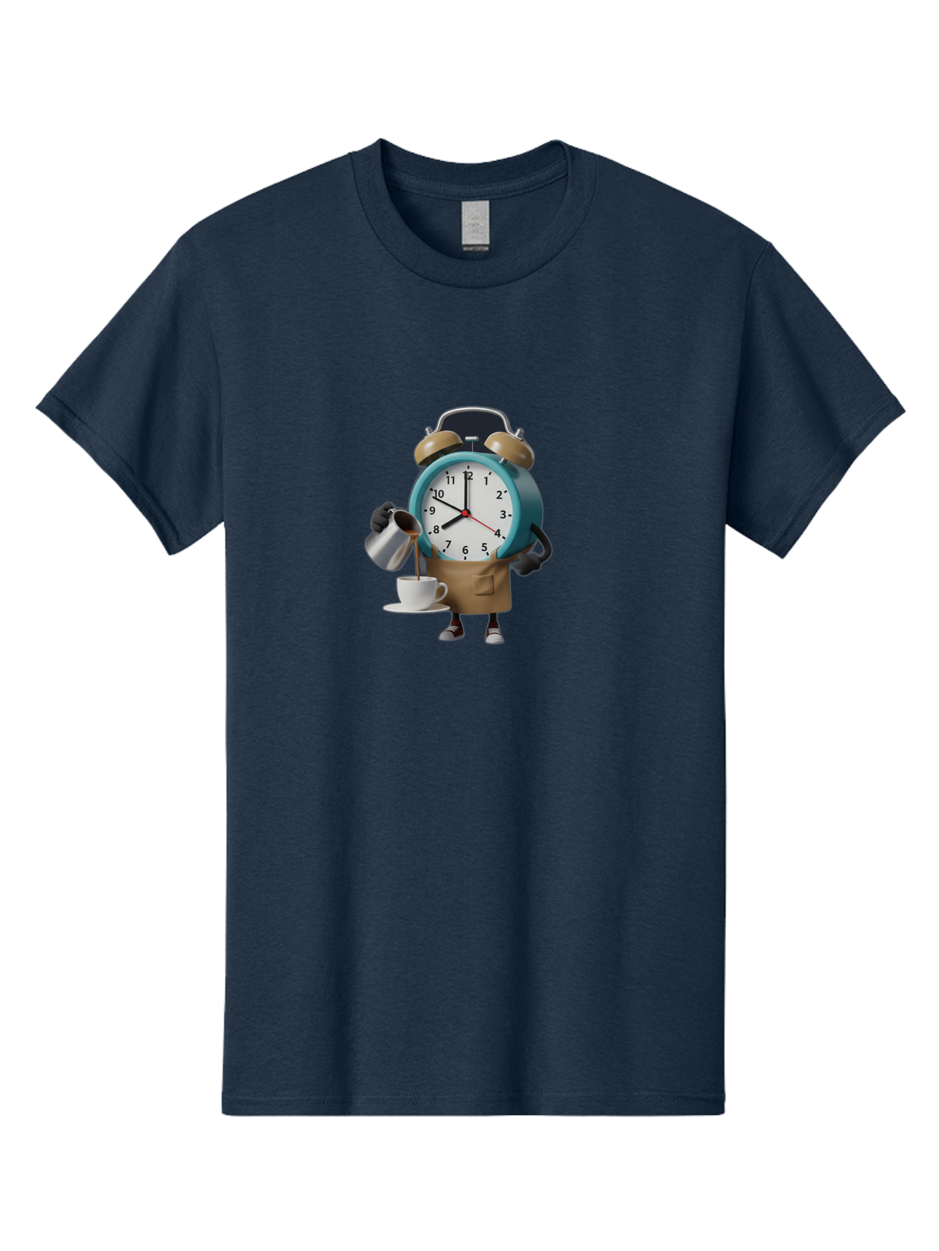 Alarm-Clock-Character Men'S Graphic Tee, 100% Cotton, Comfortable Casual Summer Wear, Machine Washable, Alarm Clock Character, Morning Coffee, Daily Routine, Time Management, Coffee Break, Cartoon Style, Clock Face, Coffee Cup, Saucer, Bab617