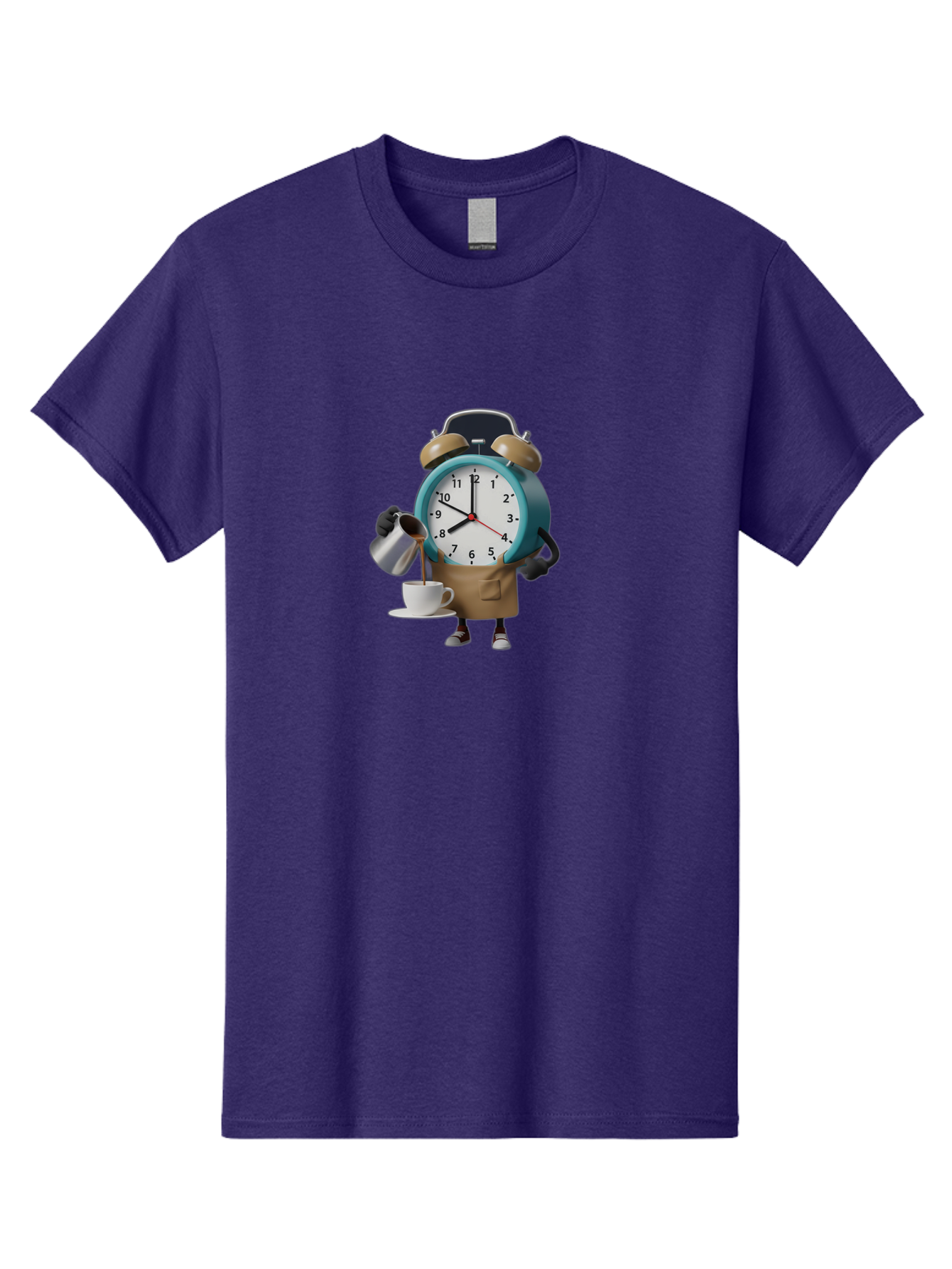 Alarm-Clock-Character Men'S Graphic Tee, 100% Cotton, Comfortable Casual Summer Wear, Machine Washable, Alarm Clock Character, Morning Coffee, Daily Routine, Time Management, Coffee Break, Cartoon Style, Clock Face, Coffee Cup, Saucer, Bab617
