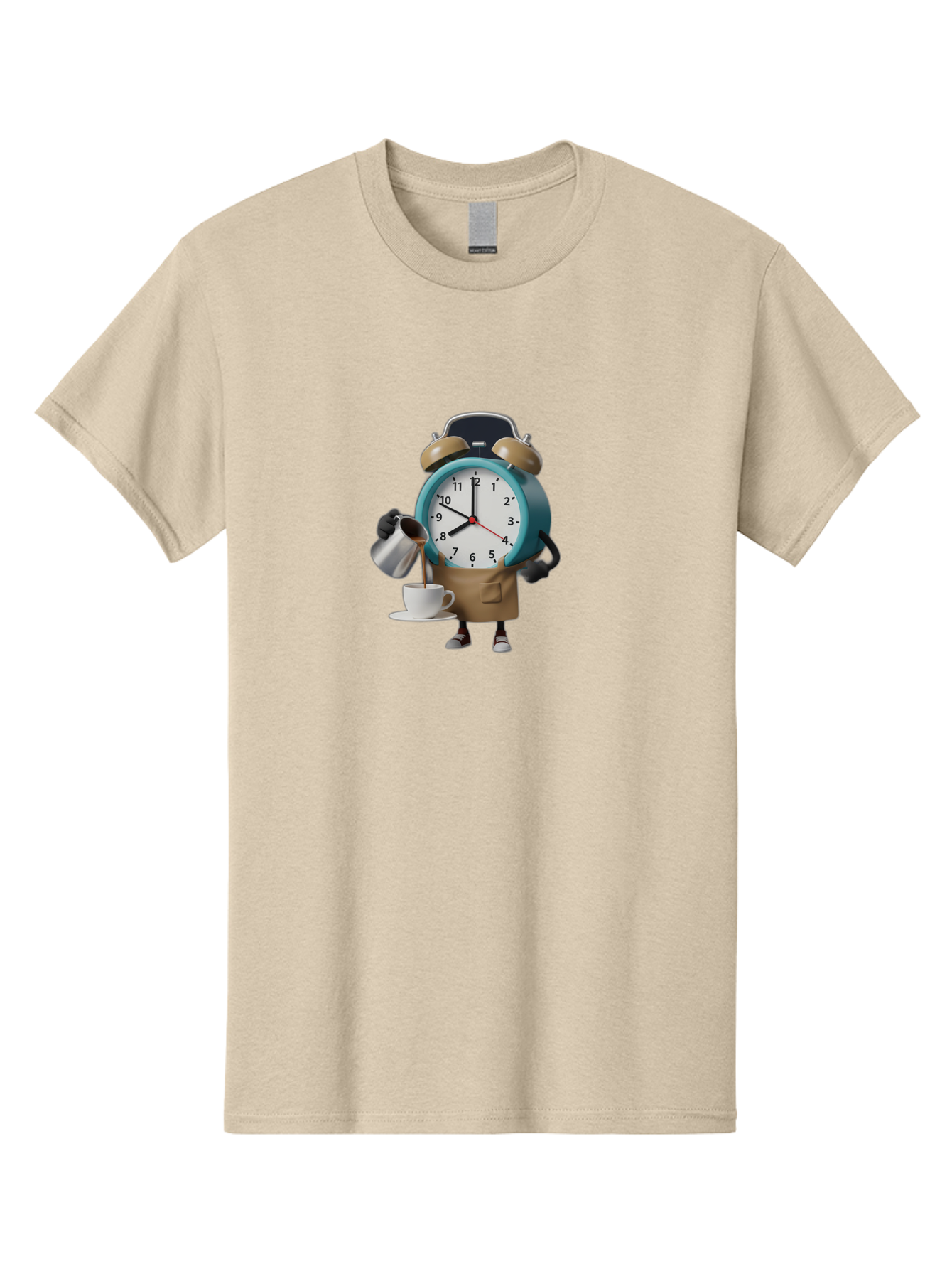 Alarm-Clock-Character Men'S Graphic Tee, 100% Cotton, Comfortable Casual Summer Wear, Machine Washable, Alarm Clock Character, Morning Coffee, Daily Routine, Time Management, Coffee Break, Cartoon Style, Clock Face, Coffee Cup, Saucer, Bab617