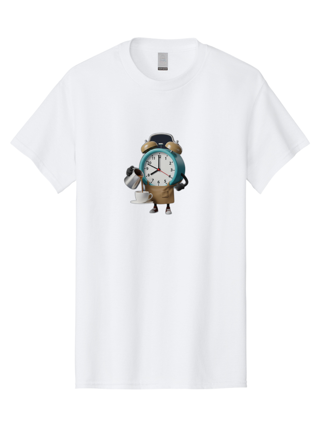 Alarm-Clock-Character Men'S Graphic Tee, 100% Cotton, Comfortable Casual Summer Wear, Machine Washable, Alarm Clock Character, Morning Coffee, Daily Routine, Time Management, Coffee Break, Cartoon Style, Clock Face, Coffee Cup, Saucer, Bab617