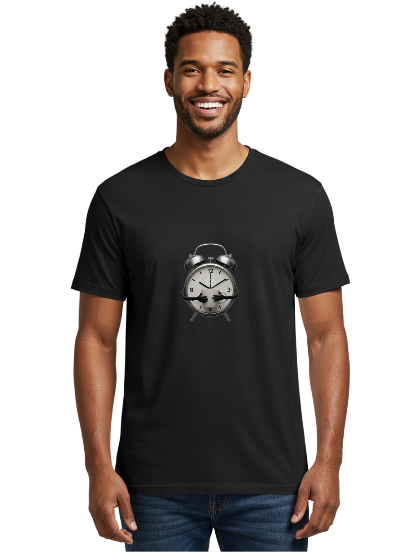 Alarm-Clock Men'S Graphic Tee, 100% Cotton, Comfortable Casual Summer Wear, Machine Washable, Alarm Clock With Hands At 11:30, Retro Style, Classic Design, Simple Analog Clock, Time Keeping, Morning Wake-Up, Black And White Clock Face, Bab618