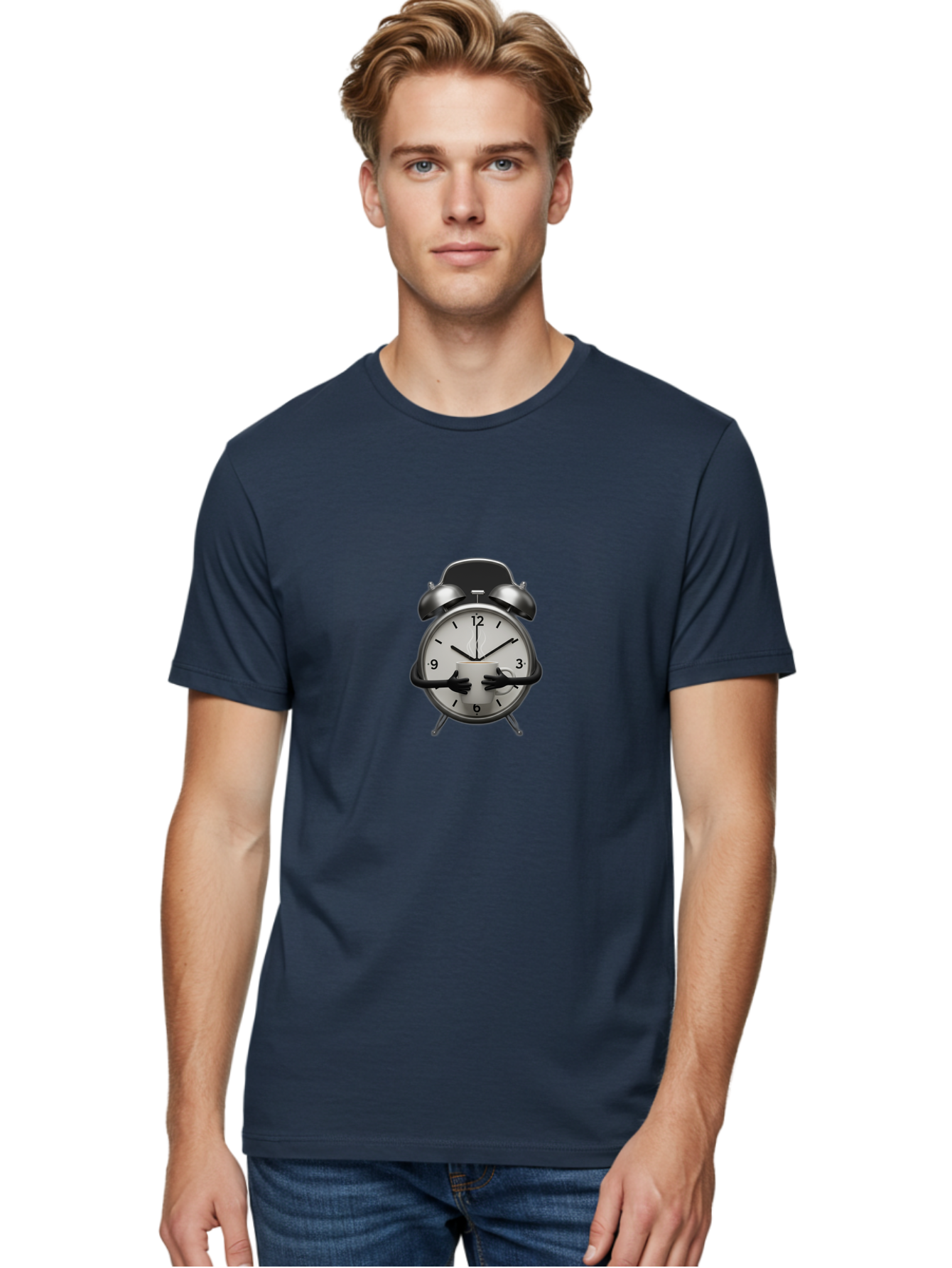 Alarm-Clock Men'S Graphic Tee, 100% Cotton, Comfortable Casual Summer Wear, Machine Washable, Alarm Clock With Hands At 11:30, Retro Style, Classic Design, Simple Analog Clock, Time Keeping, Morning Wake-Up, Black And White Clock Face, Bab618