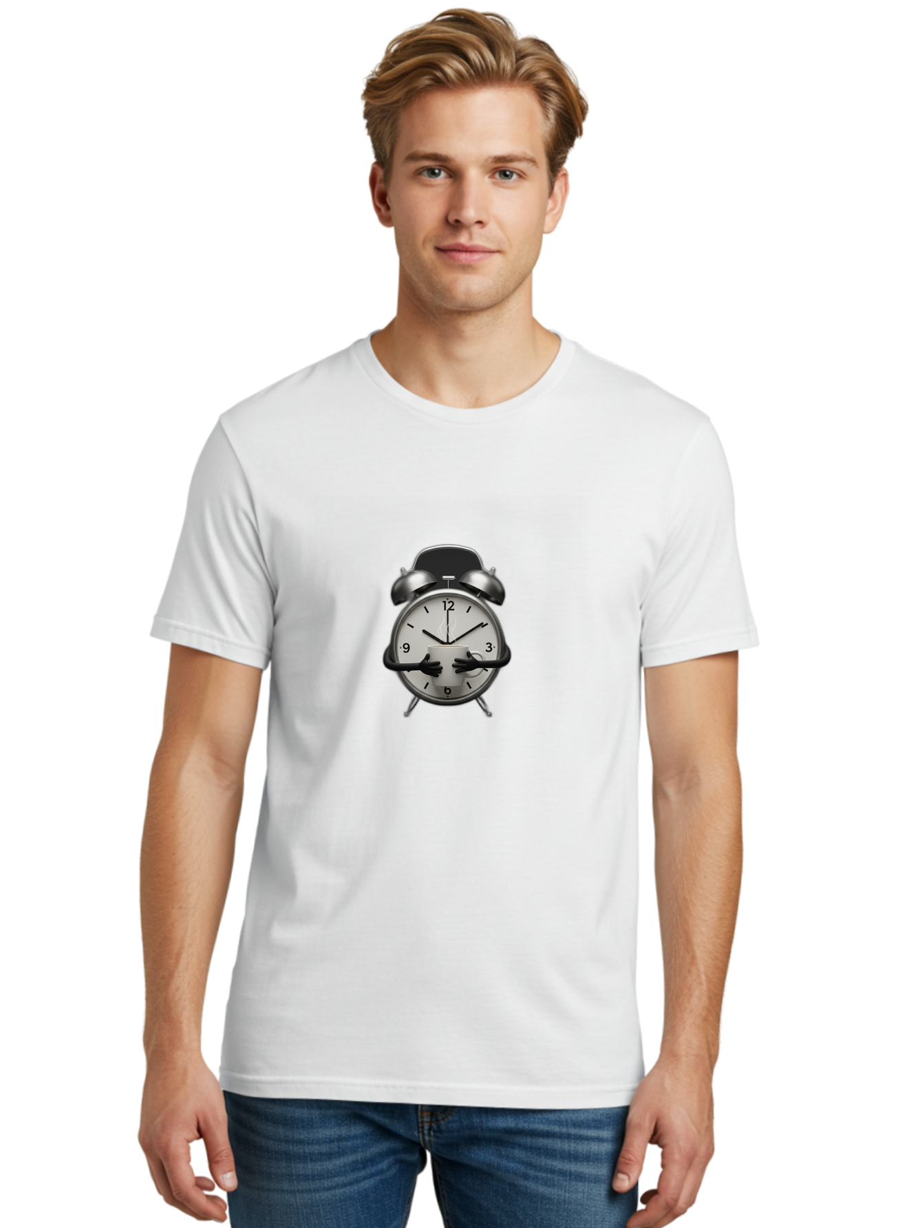 Alarm-Clock Men'S Graphic Tee, 100% Cotton, Comfortable Casual Summer Wear, Machine Washable, Alarm Clock With Hands At 11:30, Retro Style, Classic Design, Simple Analog Clock, Time Keeping, Morning Wake-Up, Black And White Clock Face, Bab618
