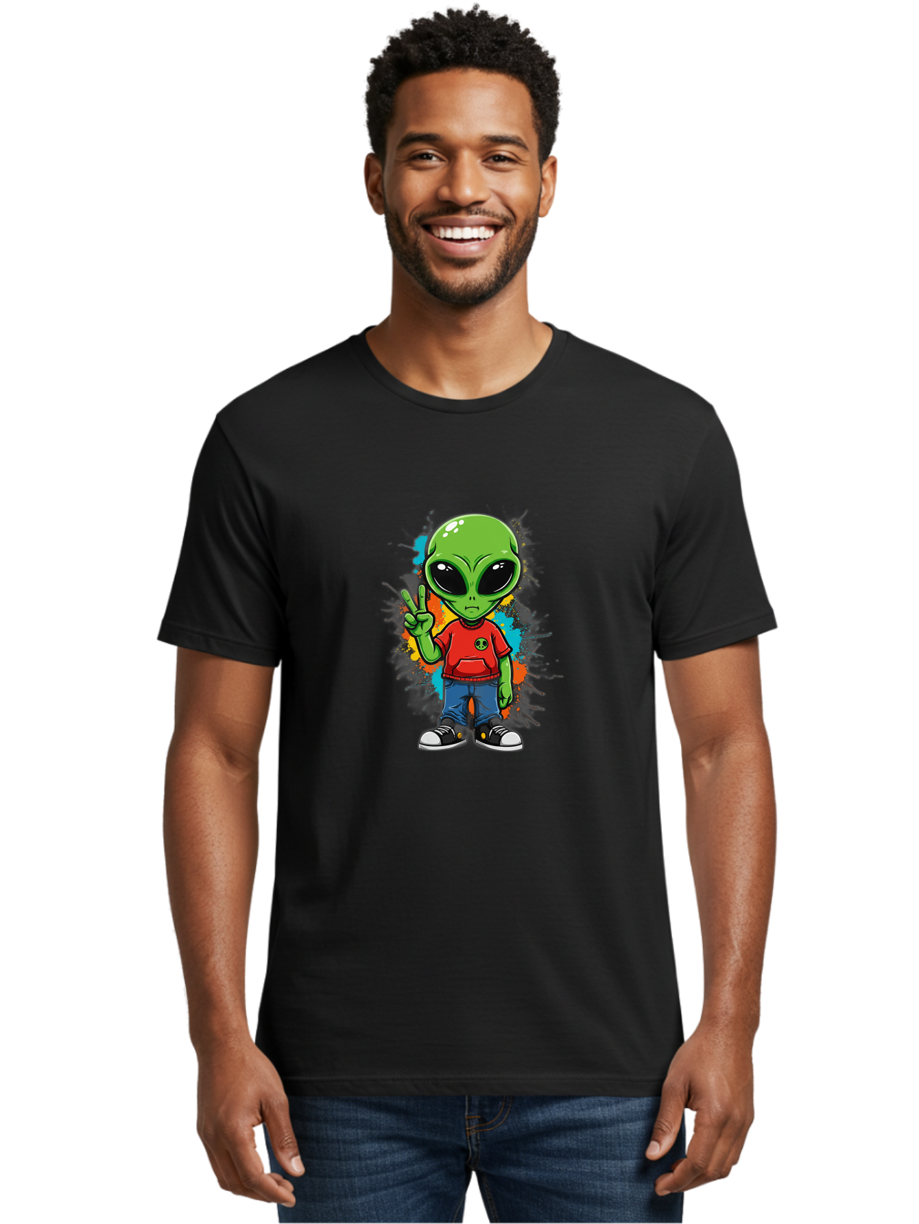 Alien-1 Men'S Graphic Tee, 100% Cotton, Comfortable Casual Summer Wear, Machine Washable, Cartoon Alien, Peace Sign, Red Shirt, Blue Jeans, Black Sneakers, Colorful Splatter, Playful Vibe, Fun Design, Quirky Character, Streetwear Style Bab619