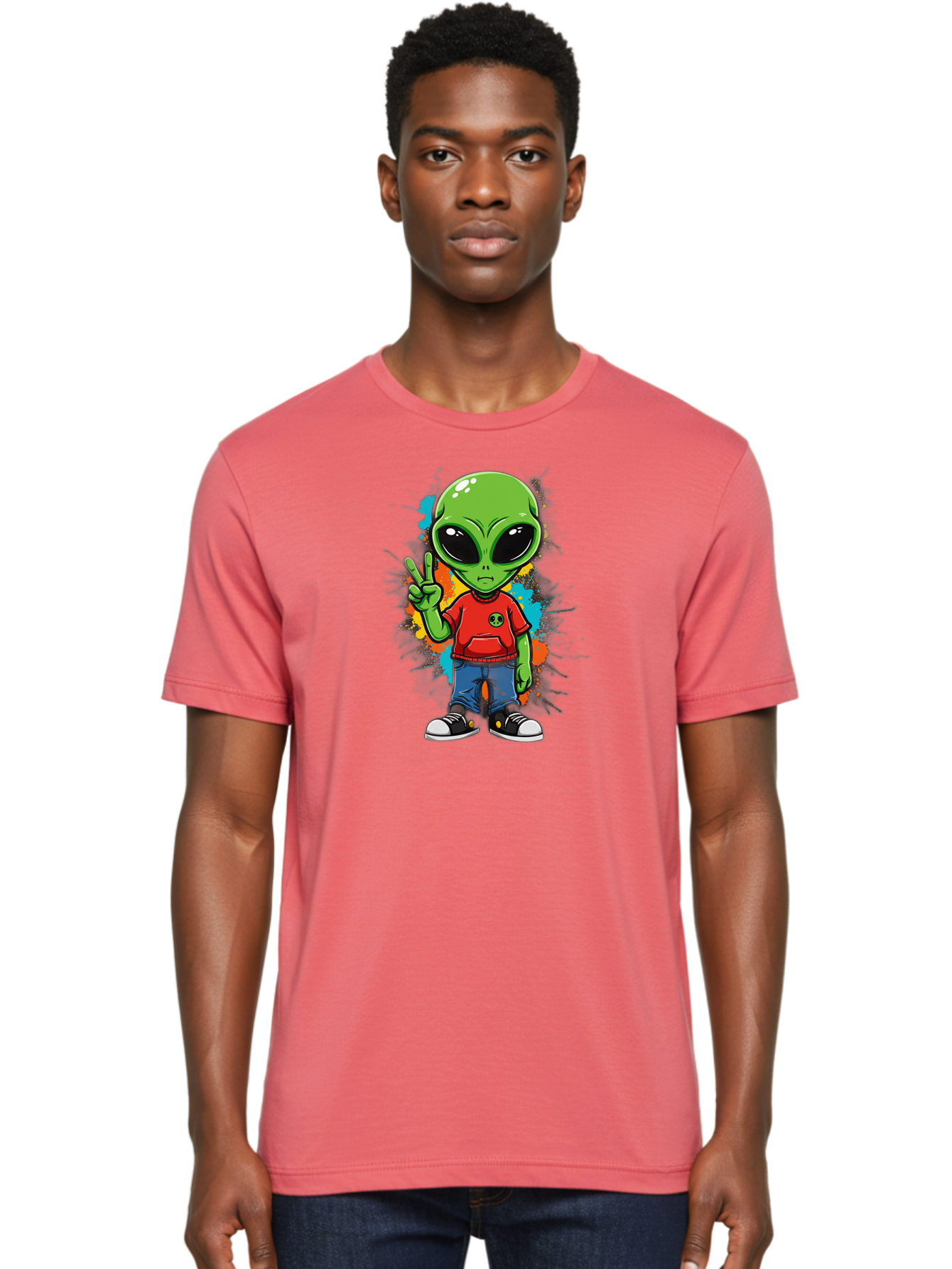Alien-1 Men'S Graphic Tee, 100% Cotton, Comfortable Casual Summer Wear, Machine Washable, Cartoon Alien, Peace Sign, Red Shirt, Blue Jeans, Black Sneakers, Colorful Splatter, Playful Vibe, Fun Design, Quirky Character, Streetwear Style Bab619