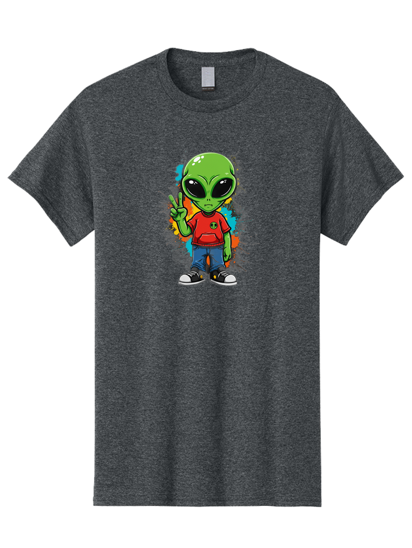 Alien-1 Men'S Graphic Tee, 100% Cotton, Comfortable Casual Summer Wear, Machine Washable, Cartoon Alien, Peace Sign, Red Shirt, Blue Jeans, Black Sneakers, Colorful Splatter, Playful Vibe, Fun Design, Quirky Character, Streetwear Style Bab619