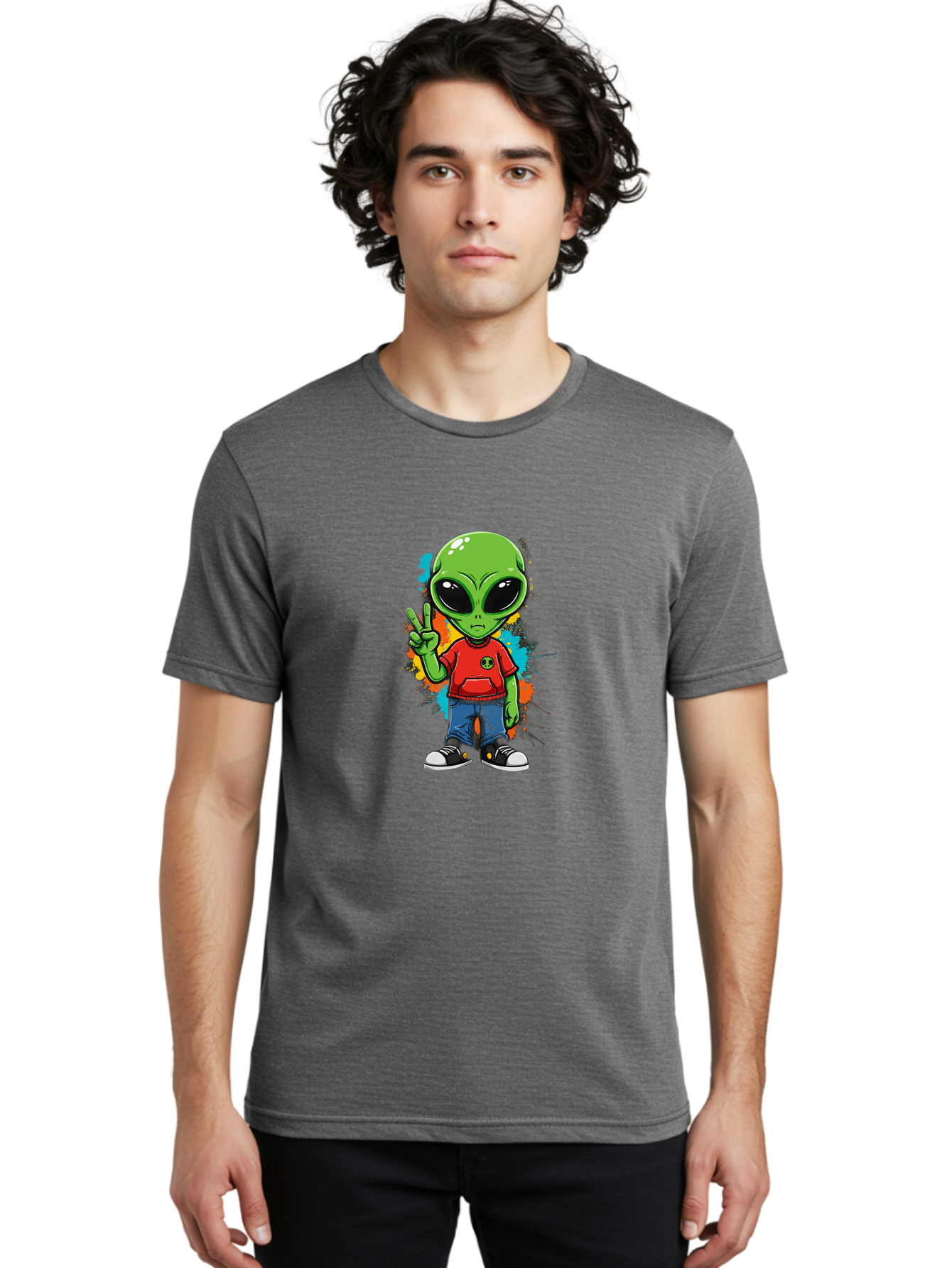 Alien-1 Men'S Graphic Tee, 100% Cotton, Comfortable Casual Summer Wear, Machine Washable, Cartoon Alien, Peace Sign, Red Shirt, Blue Jeans, Black Sneakers, Colorful Splatter, Playful Vibe, Fun Design, Quirky Character, Streetwear Style Bab619