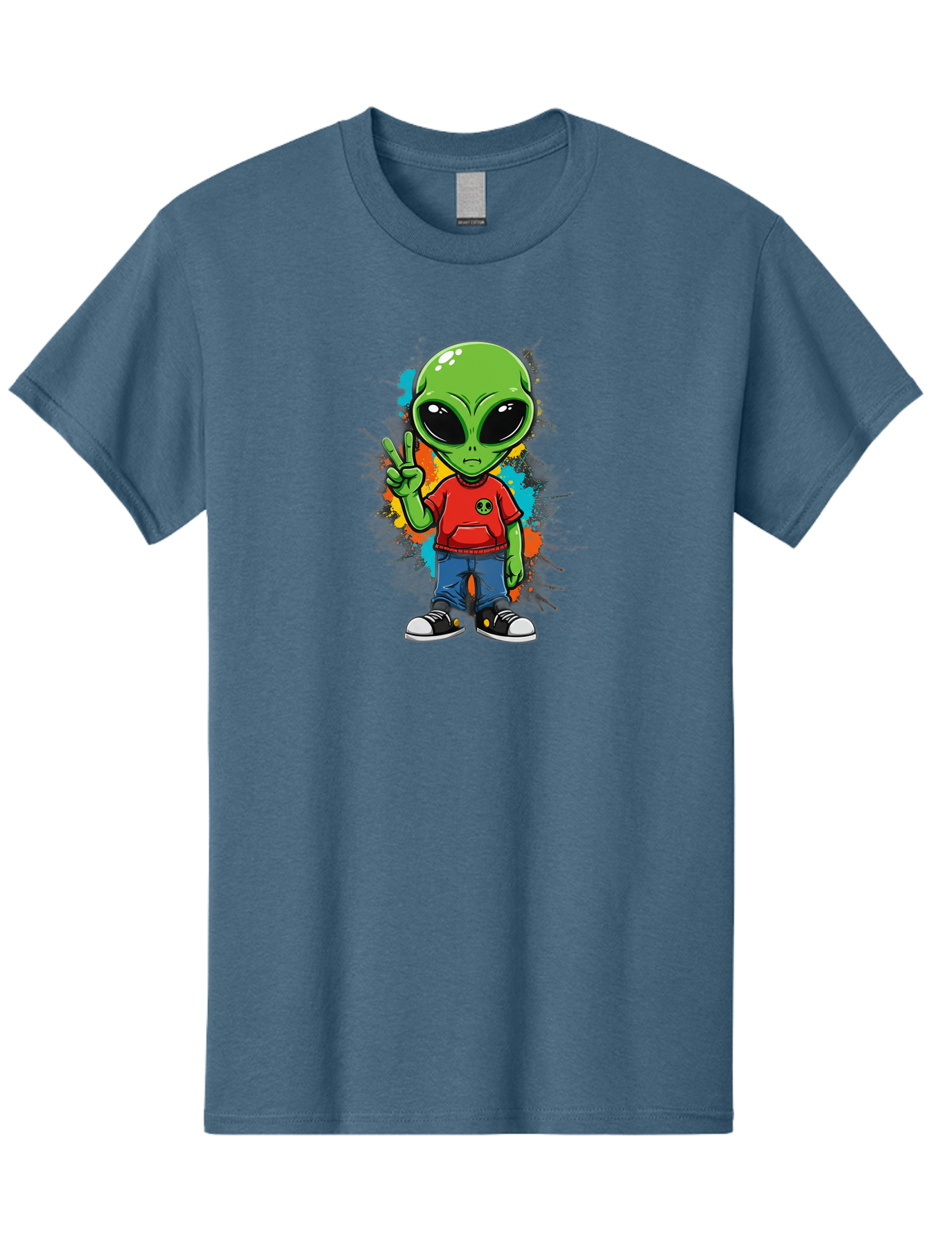 Alien-1 Men'S Graphic Tee, 100% Cotton, Comfortable Casual Summer Wear, Machine Washable, Cartoon Alien, Peace Sign, Red Shirt, Blue Jeans, Black Sneakers, Colorful Splatter, Playful Vibe, Fun Design, Quirky Character, Streetwear Style Bab619