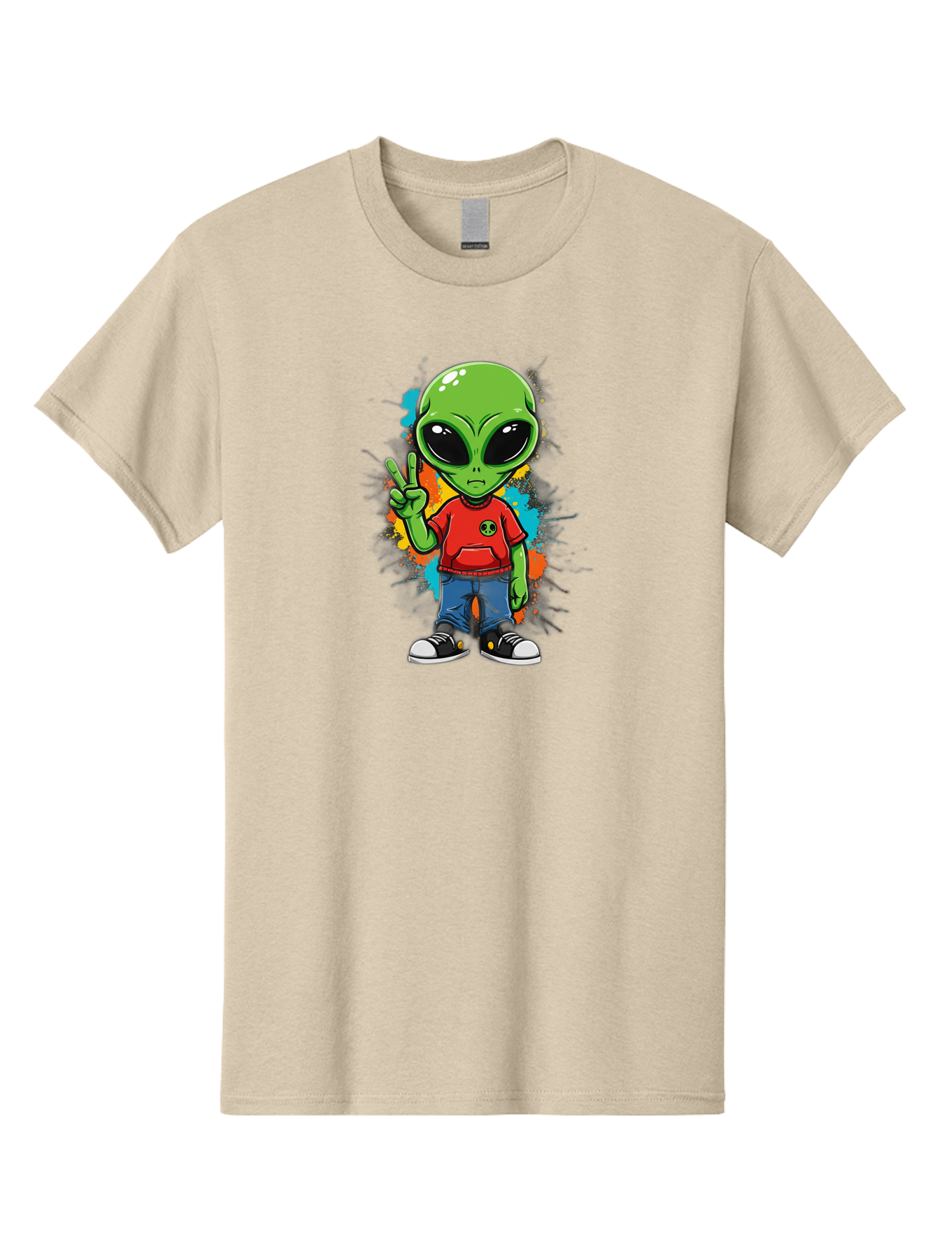 Alien-1 Men'S Graphic Tee, 100% Cotton, Comfortable Casual Summer Wear, Machine Washable, Cartoon Alien, Peace Sign, Red Shirt, Blue Jeans, Black Sneakers, Colorful Splatter, Playful Vibe, Fun Design, Quirky Character, Streetwear Style Bab619