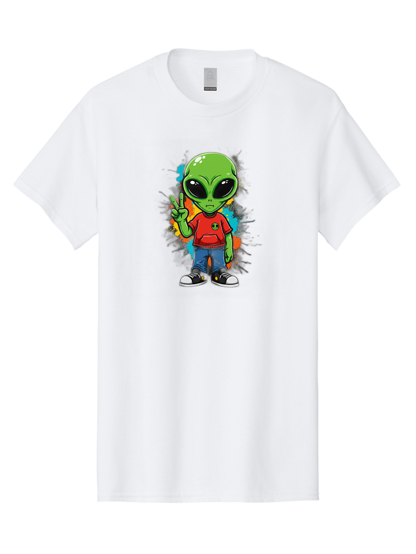 Alien-1 Men'S Graphic Tee, 100% Cotton, Comfortable Casual Summer Wear, Machine Washable, Cartoon Alien, Peace Sign, Red Shirt, Blue Jeans, Black Sneakers, Colorful Splatter, Playful Vibe, Fun Design, Quirky Character, Streetwear Style Bab619