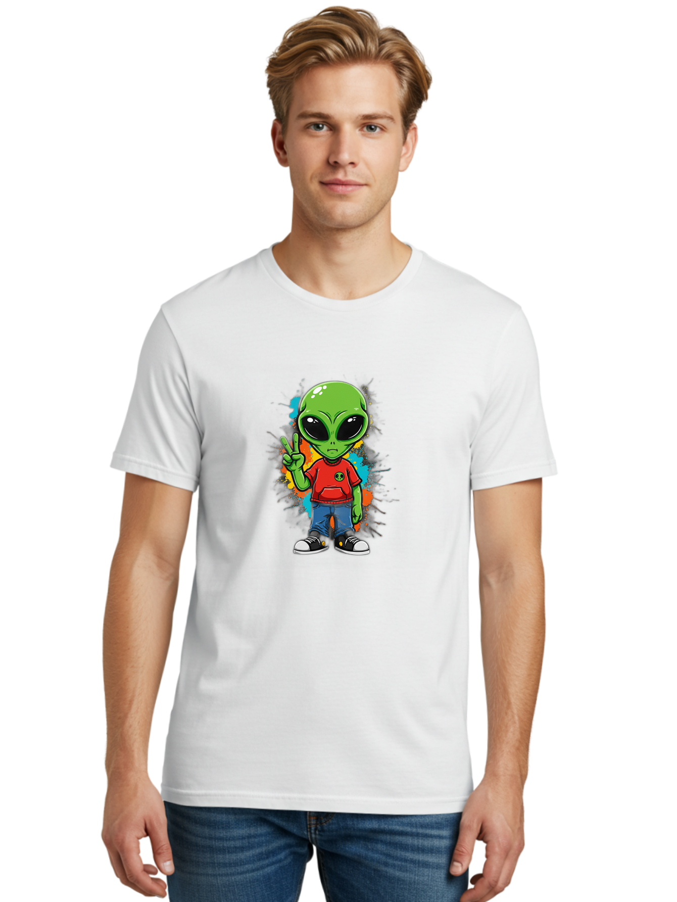 Alien-1 Men'S Graphic Tee, 100% Cotton, Comfortable Casual Summer Wear, Machine Washable, Cartoon Alien, Peace Sign, Red Shirt, Blue Jeans, Black Sneakers, Colorful Splatter, Playful Vibe, Fun Design, Quirky Character, Streetwear Style Bab619