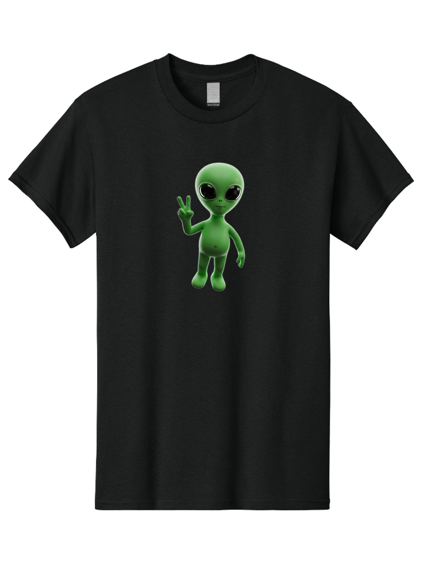 Alien-2 Men'S Graphic Tee, 100% Cotton, Comfortable Casual Summer Wear, Machine Washable, Cartoon Alien, Peace Sign, 3D Rendering, Friendly Gesture, Outer Space Character, Green Skin Tone, Black Eyes, Digital Artwork, Pop Culture Symbol Bab620
