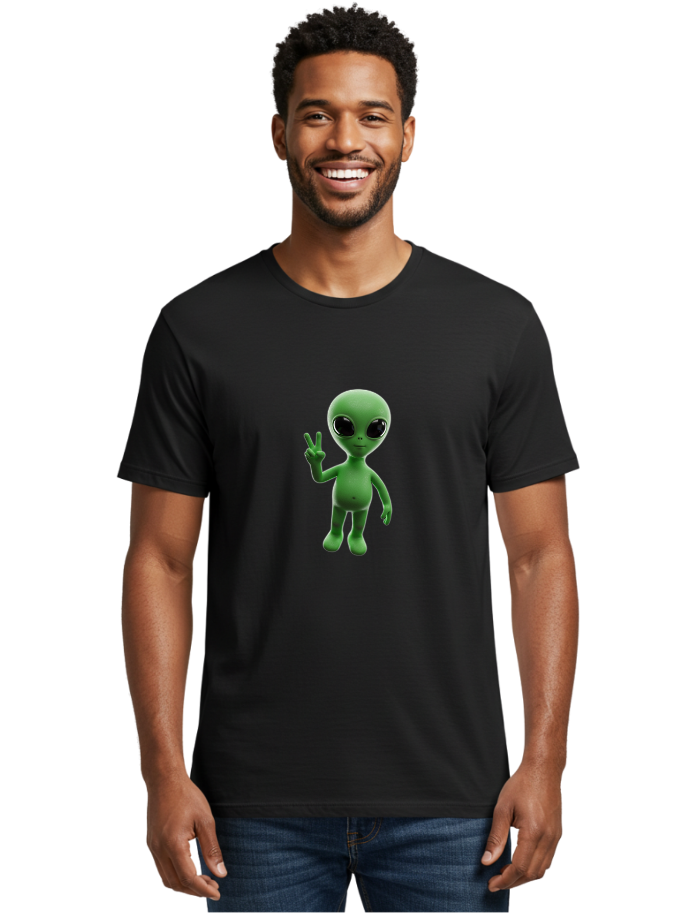 Alien-2 Men'S Graphic Tee, 100% Cotton, Comfortable Casual Summer Wear, Machine Washable, Cartoon Alien, Peace Sign, 3D Rendering, Friendly Gesture, Outer Space Character, Green Skin Tone, Black Eyes, Digital Artwork, Pop Culture Symbol Bab620