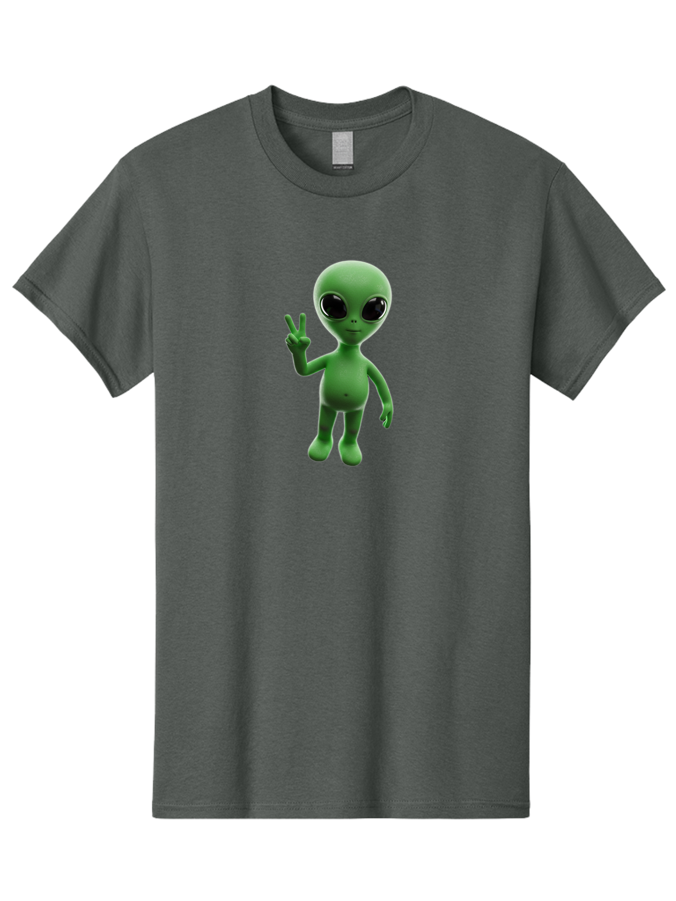 Alien-2 Men'S Graphic Tee, 100% Cotton, Comfortable Casual Summer Wear, Machine Washable, Cartoon Alien, Peace Sign, 3D Rendering, Friendly Gesture, Outer Space Character, Green Skin Tone, Black Eyes, Digital Artwork, Pop Culture Symbol Bab620
