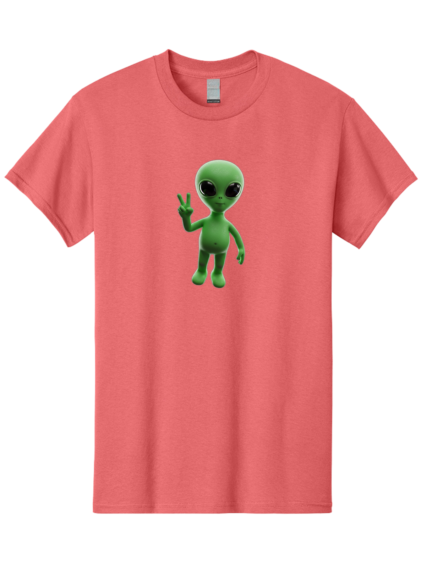 Alien-2 Men'S Graphic Tee, 100% Cotton, Comfortable Casual Summer Wear, Machine Washable, Cartoon Alien, Peace Sign, 3D Rendering, Friendly Gesture, Outer Space Character, Green Skin Tone, Black Eyes, Digital Artwork, Pop Culture Symbol Bab620