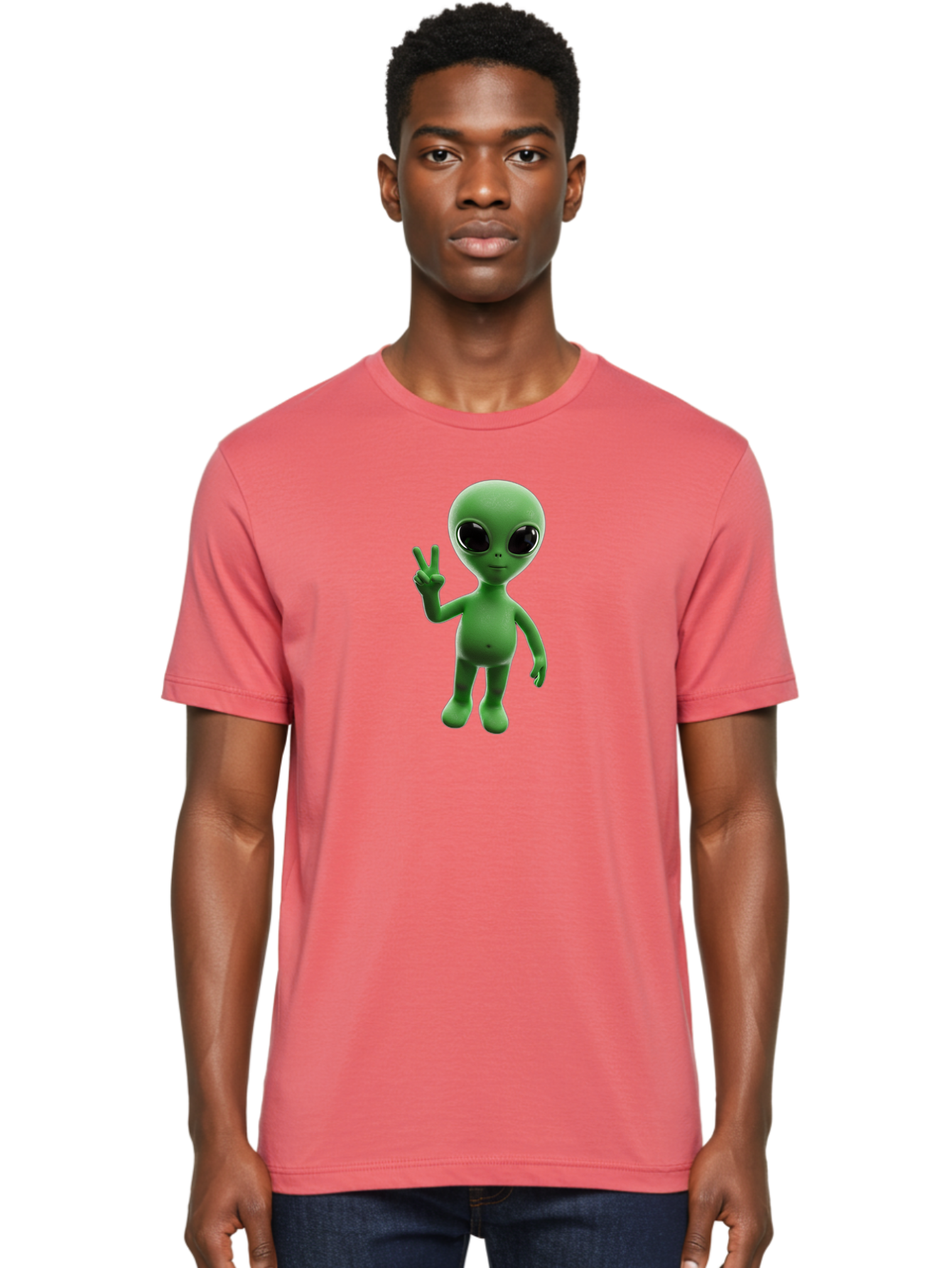 Alien-2 Men'S Graphic Tee, 100% Cotton, Comfortable Casual Summer Wear, Machine Washable, Cartoon Alien, Peace Sign, 3D Rendering, Friendly Gesture, Outer Space Character, Green Skin Tone, Black Eyes, Digital Artwork, Pop Culture Symbol Bab620