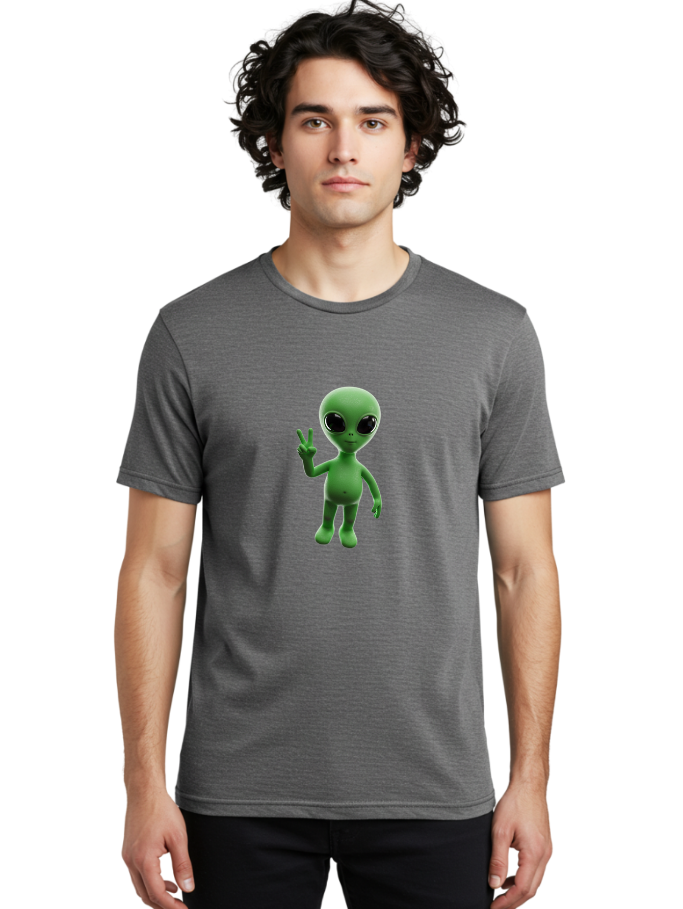 Alien-2 Men'S Graphic Tee, 100% Cotton, Comfortable Casual Summer Wear, Machine Washable, Cartoon Alien, Peace Sign, 3D Rendering, Friendly Gesture, Outer Space Character, Green Skin Tone, Black Eyes, Digital Artwork, Pop Culture Symbol Bab620