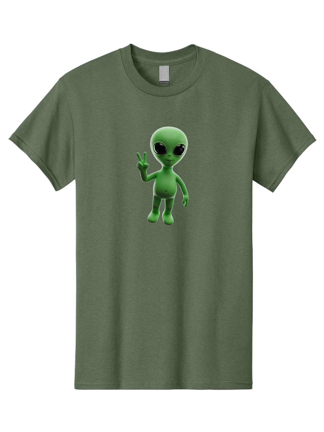 Alien-2 Men'S Graphic Tee, 100% Cotton, Comfortable Casual Summer Wear, Machine Washable, Cartoon Alien, Peace Sign, 3D Rendering, Friendly Gesture, Outer Space Character, Green Skin Tone, Black Eyes, Digital Artwork, Pop Culture Symbol Bab620