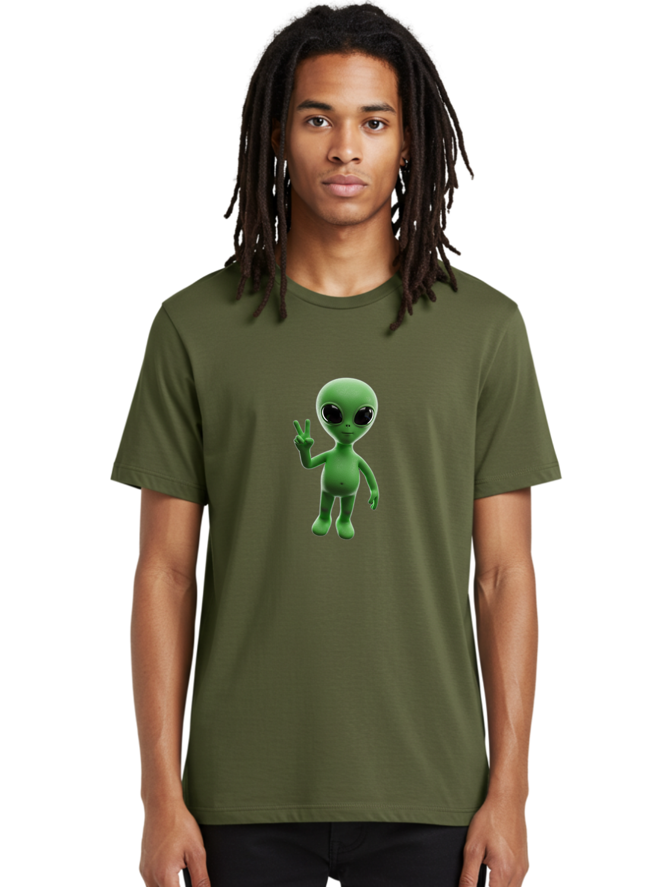 Alien-2 Men'S Graphic Tee, 100% Cotton, Comfortable Casual Summer Wear, Machine Washable, Cartoon Alien, Peace Sign, 3D Rendering, Friendly Gesture, Outer Space Character, Green Skin Tone, Black Eyes, Digital Artwork, Pop Culture Symbol Bab620