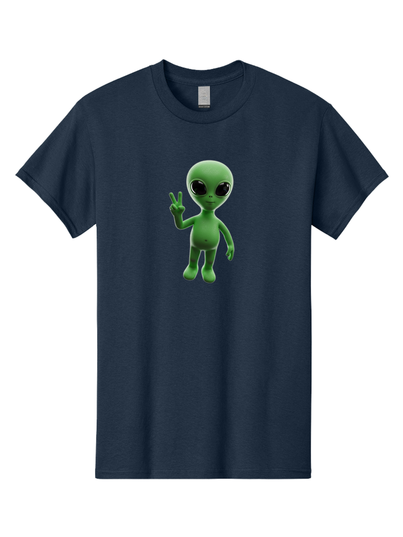 Alien-2 Men'S Graphic Tee, 100% Cotton, Comfortable Casual Summer Wear, Machine Washable, Cartoon Alien, Peace Sign, 3D Rendering, Friendly Gesture, Outer Space Character, Green Skin Tone, Black Eyes, Digital Artwork, Pop Culture Symbol Bab620