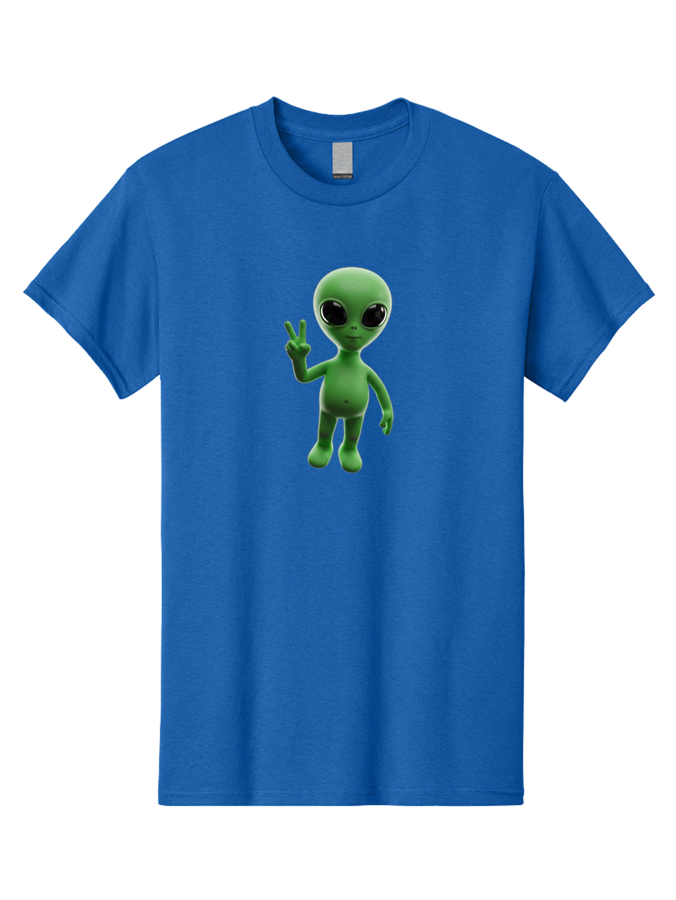 Alien-2 Men'S Graphic Tee, 100% Cotton, Comfortable Casual Summer Wear, Machine Washable, Cartoon Alien, Peace Sign, 3D Rendering, Friendly Gesture, Outer Space Character, Green Skin Tone, Black Eyes, Digital Artwork, Pop Culture Symbol Bab620