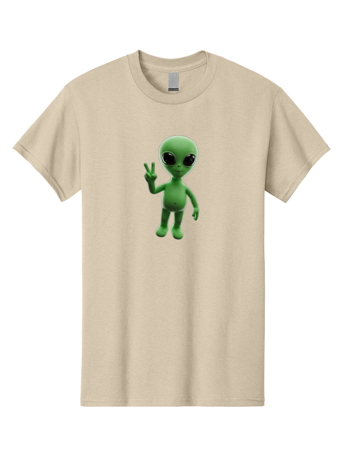 Alien-2 Men'S Graphic Tee, 100% Cotton, Comfortable Casual Summer Wear, Machine Washable, Cartoon Alien, Peace Sign, 3D Rendering, Friendly Gesture, Outer Space Character, Green Skin Tone, Black Eyes, Digital Artwork, Pop Culture Symbol Bab620