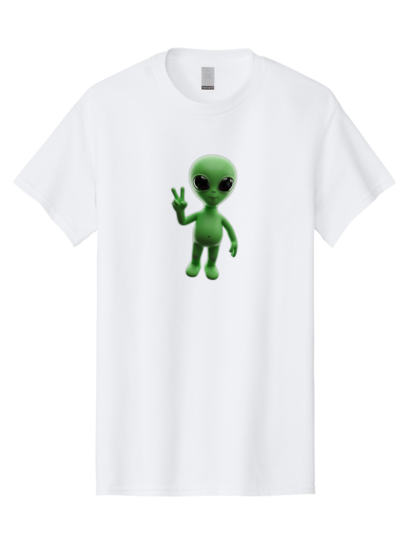 Alien-2 Men'S Graphic Tee, 100% Cotton, Comfortable Casual Summer Wear, Machine Washable, Cartoon Alien, Peace Sign, 3D Rendering, Friendly Gesture, Outer Space Character, Green Skin Tone, Black Eyes, Digital Artwork, Pop Culture Symbol Bab620