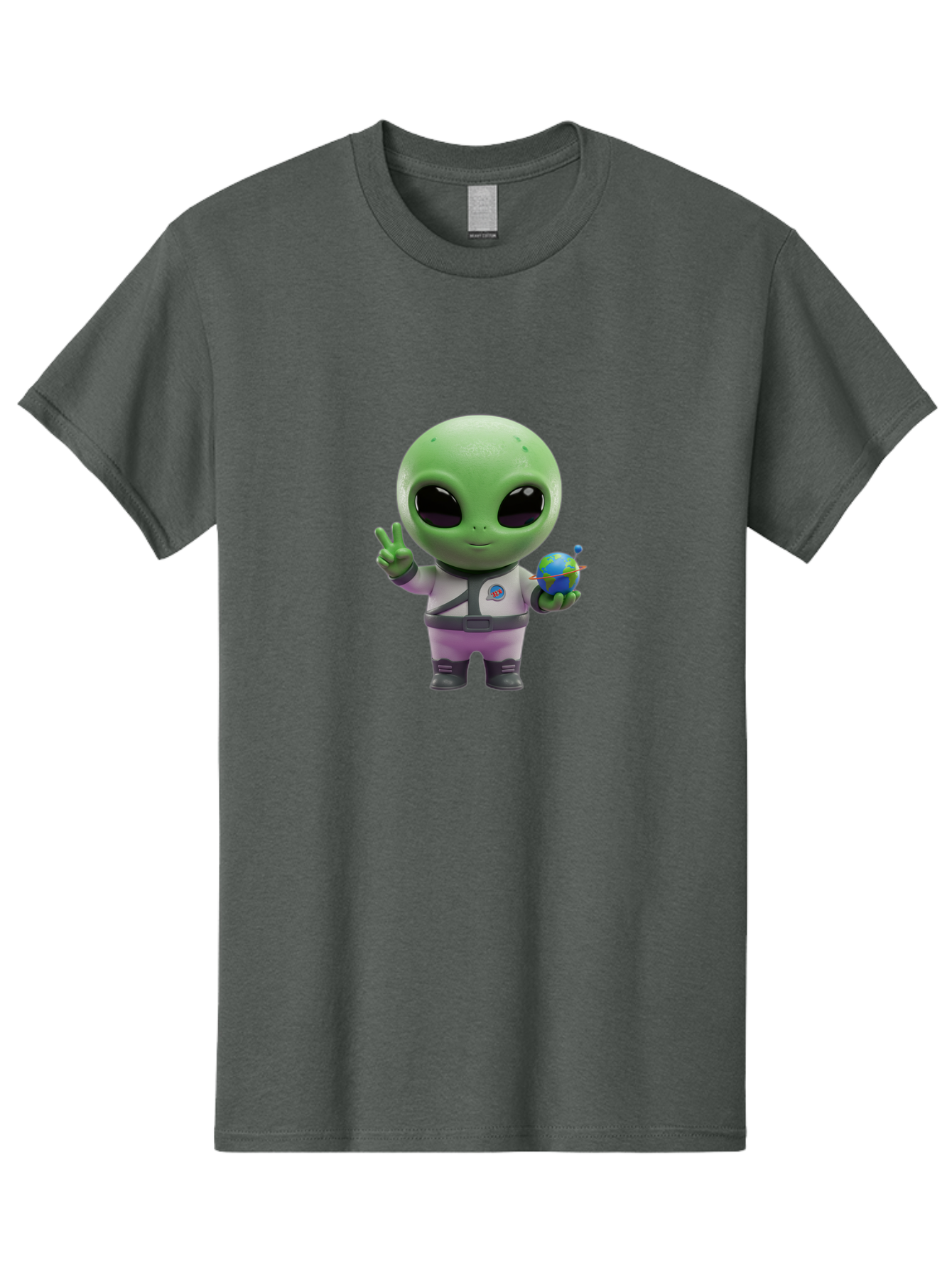 Alien-Astronaut Men'S Graphic Tee, 100% Cotton, Comfortable Casual Summer Wear, Machine Washable, Cartoon Alien, Astronaut Costume, Peace Sign, Earth Globe, Space Exploration, Friendly Extraterrestrial, Sci-Fi Character, Bab621