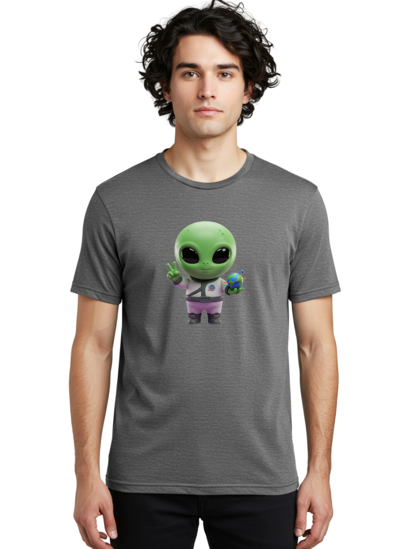 Alien-Astronaut Men'S Graphic Tee, 100% Cotton, Comfortable Casual Summer Wear, Machine Washable, Cartoon Alien, Astronaut Costume, Peace Sign, Earth Globe, Space Exploration, Friendly Extraterrestrial, Sci-Fi Character, Bab621