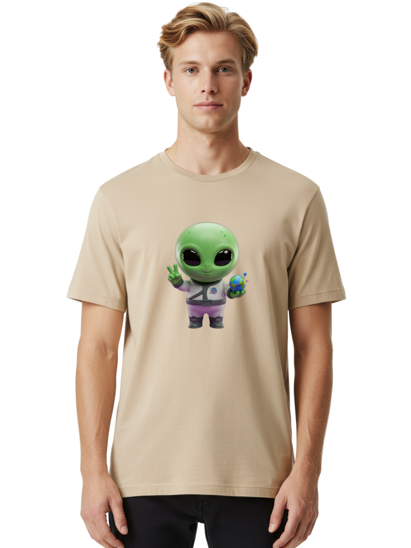 Alien-Astronaut Men'S Graphic Tee, 100% Cotton, Comfortable Casual Summer Wear, Machine Washable, Cartoon Alien, Astronaut Costume, Peace Sign, Earth Globe, Space Exploration, Friendly Extraterrestrial, Sci-Fi Character, Bab621