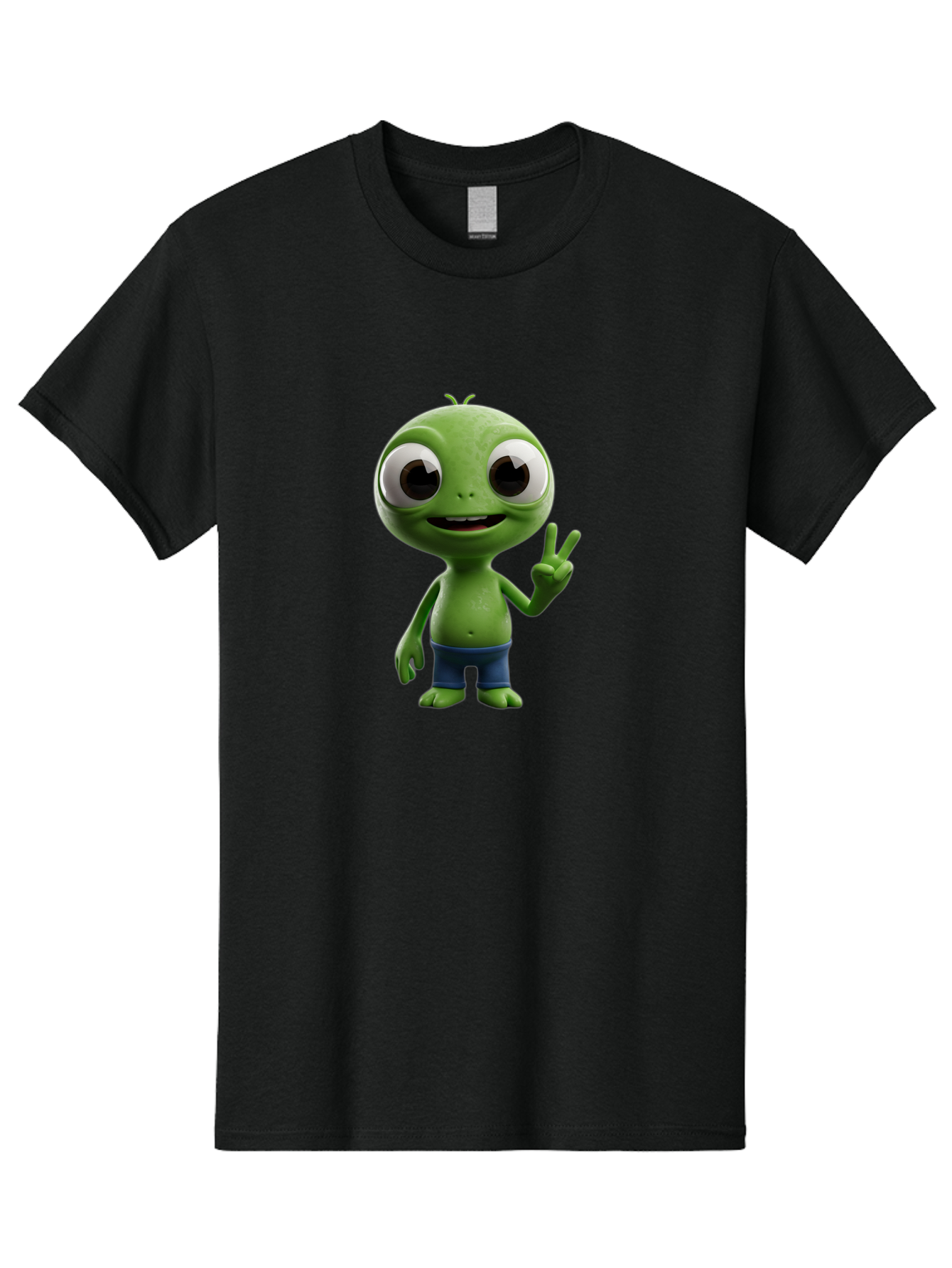 Alien-Cartoon-Character Men'S Graphic Tee, 100% Cotton, Comfortable Casual Summer Wear, Machine Washable, Alien Cartoon, Green Creature, Large Eyes, Peace Sign, Blue Shorts, Cute Character, Cartoon Style, Funny Alien, Cartoon Character Design, Bab622