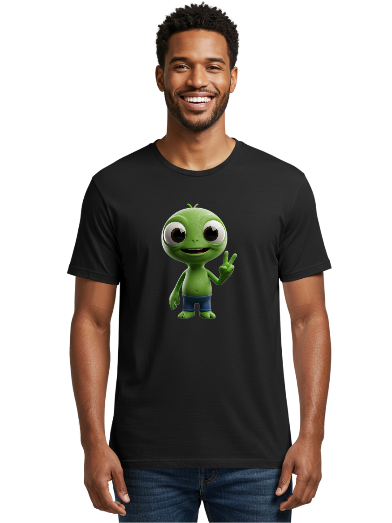 Alien-Cartoon-Character Men'S Graphic Tee, 100% Cotton, Comfortable Casual Summer Wear, Machine Washable, Alien Cartoon, Green Creature, Large Eyes, Peace Sign, Blue Shorts, Cute Character, Cartoon Style, Funny Alien, Cartoon Character Design, Bab622