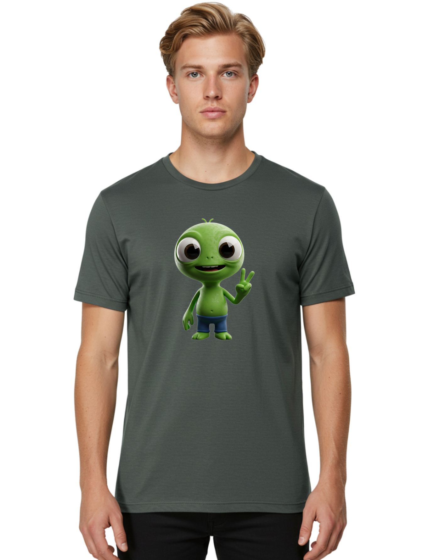 Alien-Cartoon-Character Men'S Graphic Tee, 100% Cotton, Comfortable Casual Summer Wear, Machine Washable, Alien Cartoon, Green Creature, Large Eyes, Peace Sign, Blue Shorts, Cute Character, Cartoon Style, Funny Alien, Cartoon Character Design, Bab622
