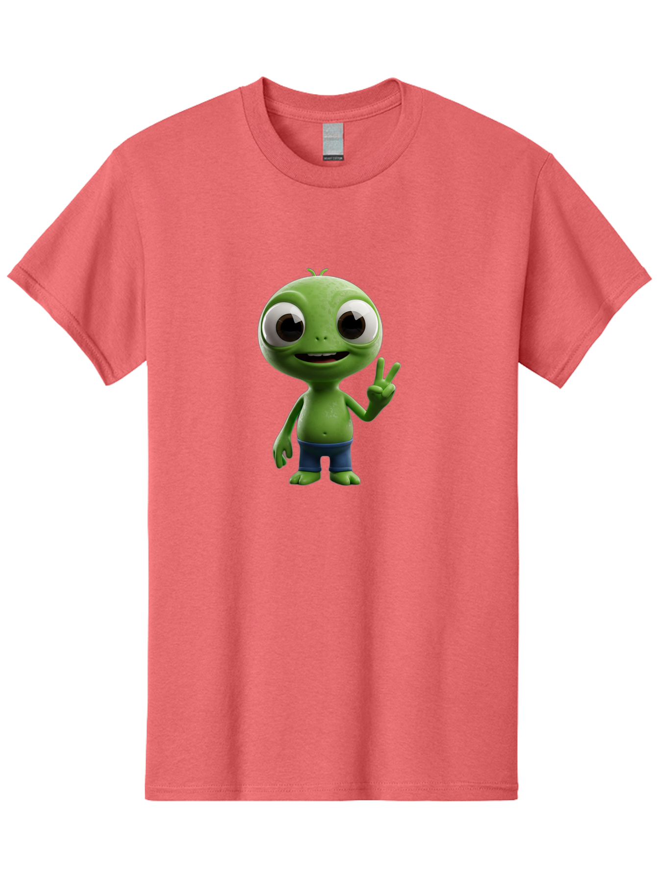 Alien-Cartoon-Character Men'S Graphic Tee, 100% Cotton, Comfortable Casual Summer Wear, Machine Washable, Alien Cartoon, Green Creature, Large Eyes, Peace Sign, Blue Shorts, Cute Character, Cartoon Style, Funny Alien, Cartoon Character Design, Bab622