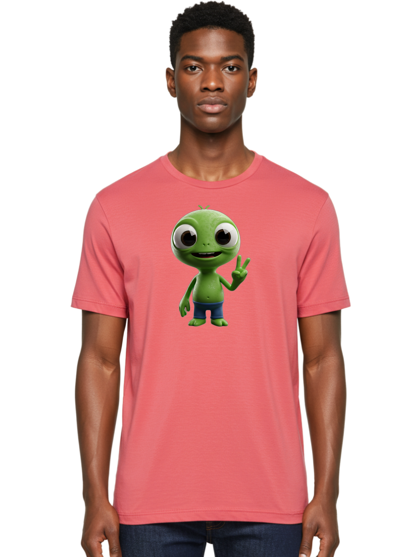 Alien-Cartoon-Character Men'S Graphic Tee, 100% Cotton, Comfortable Casual Summer Wear, Machine Washable, Alien Cartoon, Green Creature, Large Eyes, Peace Sign, Blue Shorts, Cute Character, Cartoon Style, Funny Alien, Cartoon Character Design, Bab622