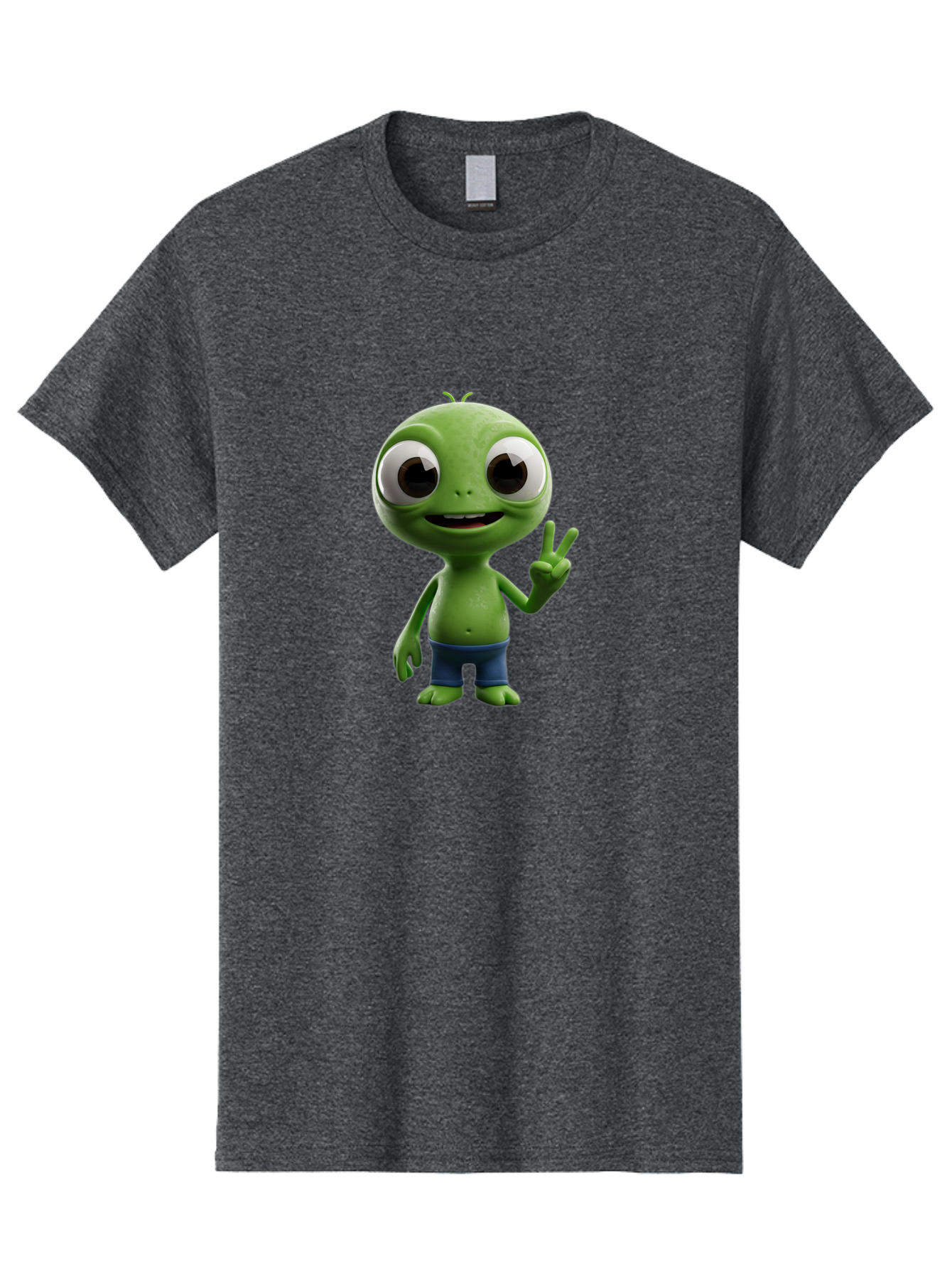 Alien-Cartoon-Character Men'S Graphic Tee, 100% Cotton, Comfortable Casual Summer Wear, Machine Washable, Alien Cartoon, Green Creature, Large Eyes, Peace Sign, Blue Shorts, Cute Character, Cartoon Style, Funny Alien, Cartoon Character Design, Bab622