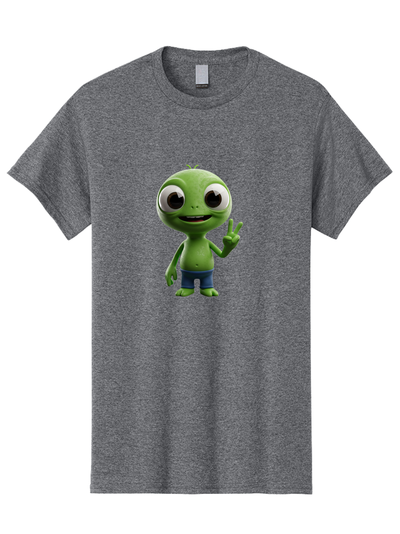 Alien-Cartoon-Character Men'S Graphic Tee, 100% Cotton, Comfortable Casual Summer Wear, Machine Washable, Alien Cartoon, Green Creature, Large Eyes, Peace Sign, Blue Shorts, Cute Character, Cartoon Style, Funny Alien, Cartoon Character Design, Bab622