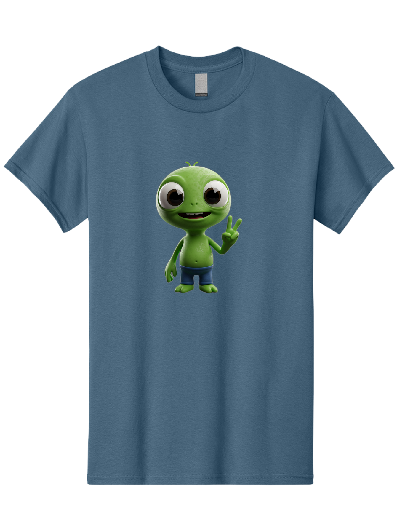 Alien-Cartoon-Character Men'S Graphic Tee, 100% Cotton, Comfortable Casual Summer Wear, Machine Washable, Alien Cartoon, Green Creature, Large Eyes, Peace Sign, Blue Shorts, Cute Character, Cartoon Style, Funny Alien, Cartoon Character Design, Bab622